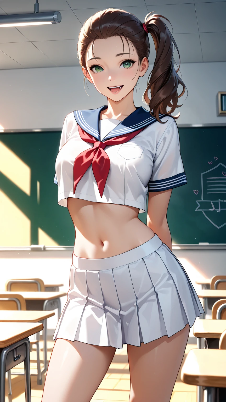 masterpiece, best quality, very aesthetic, realistic anime, Sharp Focus, 1lady, JK, detailed green eyes, half open mouth, smile, dark brown silky hair, hair pulled back, side ponytail, contrapposto, hands behind back, navel, Captivating thighs, knee, classroom, (sheer crop top white shirt), sailor suit, pleated skirt, red ribbon tie