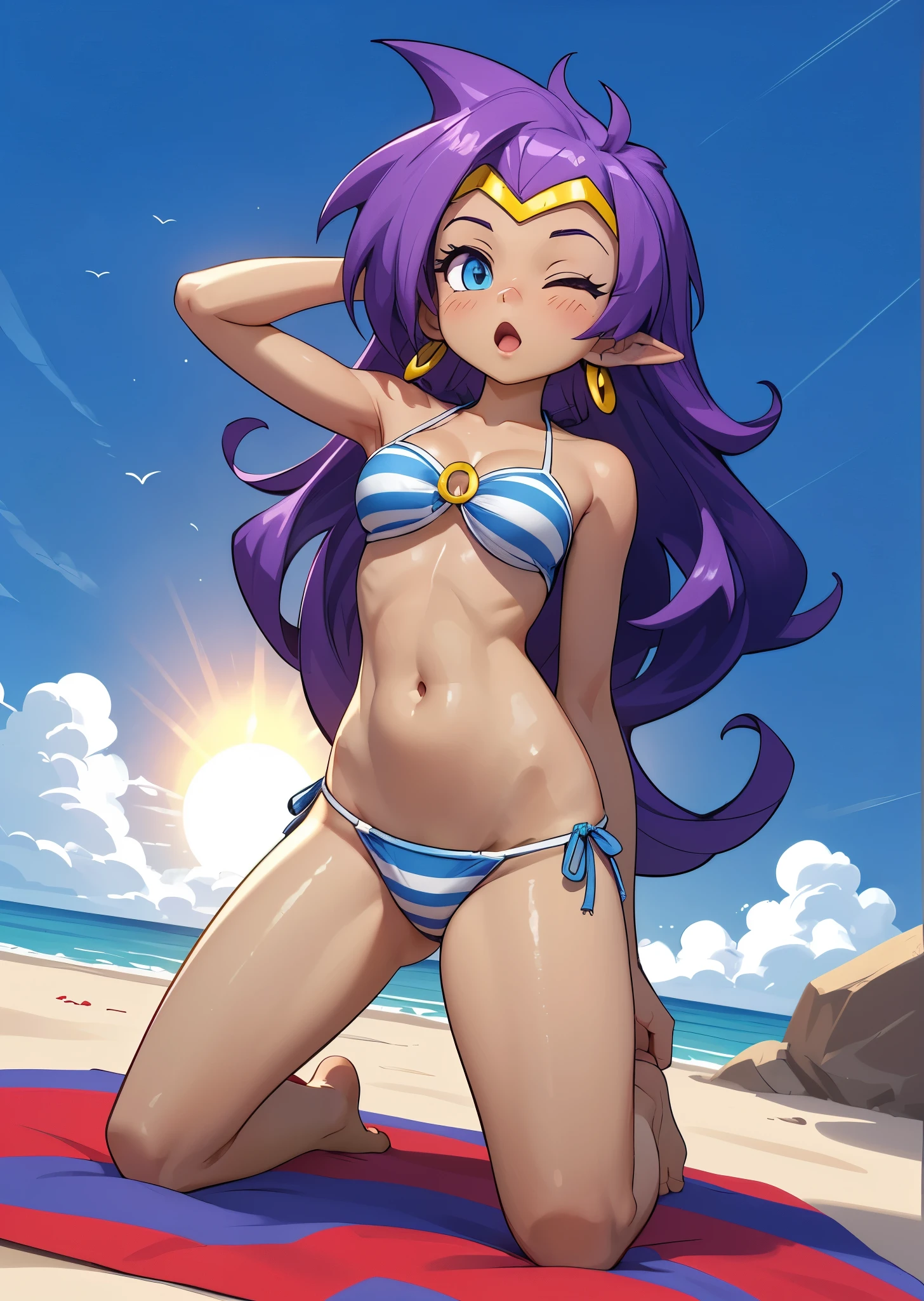 [Shantae], ((masterpiece)), ((HD)), ((high res)), ((solo portrait)), ((full body)), ((front view)), ((low angle view)), ((feet visible)), ((cartoon aesthetic)), ((beautiful rendering)), ((detailed shading)), ((intricate details)), {(attractive figure), (dark skin tone), (brown skin), (long messy purple hair), (spiky bang), (1 eye closed), (cute blue eyes), (white highlights in eyes), (long eyelashes), (curvy hips), (defined muscles), (beautiful legs), (defined feet), (blushing), (yawn)}, {(light blue striped bikini), (navel)}, {(kneeling on beach towel), (sitting on knees), (looking at viewer)}, [ambient lighting, beach, glistening ocean, sun rays]