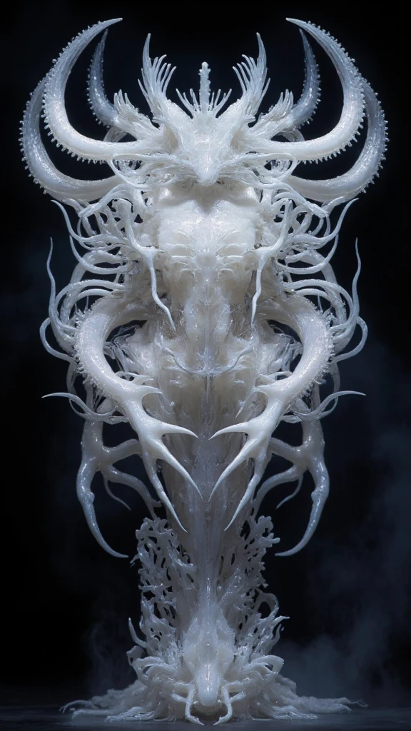 4byss, A towering humanoid entity composed of translucent, pearlescent white material resembling both ice and living tissue. Its elongated lower body tapers to digitigrade legs ending in sharp, crystalline talons. The creature's torso erupts into an intricate network of writhing, tendril-like appendages that curve and spiral outward symmetrically from its core, creating a hypnotic pattern reminiscent of frozen lightning or coral formations. These tendrils appear both organic and crystalline, catching and refracting light along their surfaces. The being's shoulders and upper arms are adorned with delicate, frost-like growths that resemble thousands of tiny ice needles or sea urchin spines arranged in dense clusters. The figure's surface texture shifts between glossy and matte, suggesting a material that's simultaneously liquid and solid. The entire form is backlit against a dark, misty background, emphasizing its otherworldly silhouette and the way light plays through its semi-transparent body. The overall composition suggests both deep-sea bioluminescence and ethereal, alien architecture, creating a being that exists between organic and geometric perfection. The creature appears to be in motion, captured mid-stride, with an elegantly threatening presence that combines grace and predatory purpose