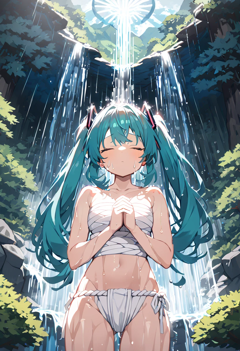 (hatsune miku:1.2), (gleaming skin, shiny skin:1.4), (sarashi:1.4), (fundoshi, japanese loincloth:1.4), (wet body:1.4), (cowboy shot:1.4), (under waterfall:1.4), (closed eye, holy pray, holy pray hands:1.4), (waterfall, In mountains, japanese cedar:1.4),