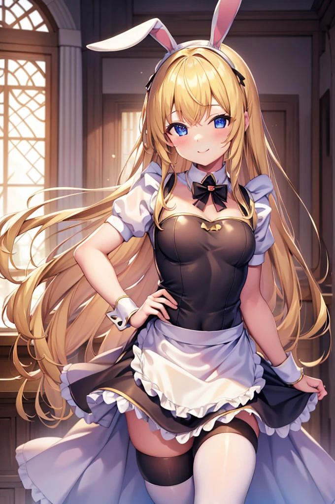 smile、Thighs、Blonde Hair、chest、tights、smile、Bunny ears、maid dress、 leotard 、 Mini Skirt、One female、 solo girl