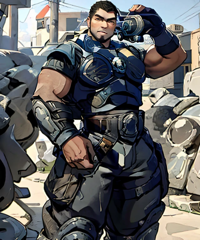 dominic_ Santiago ,  Looking at the spectator,  muscular,  short hair,  dark skin, (beard:1.1), plump, Standing, field, sunny, Day time, armor,  long pants ,  holding a gun 