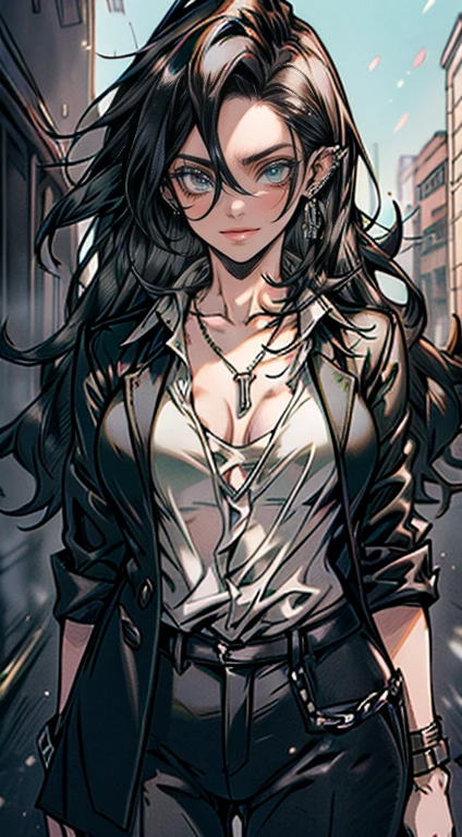 (masterpiece, best quality, highres, ultra-detailed), 1woman, long wave black hair, green eyes, handsome, detailed eyes and face, perfect body, earrings, ear piercing,  unbuttoned black blazer, white shirt, trousers, bare collarbones, chain necklace, city slums background, by amano akira