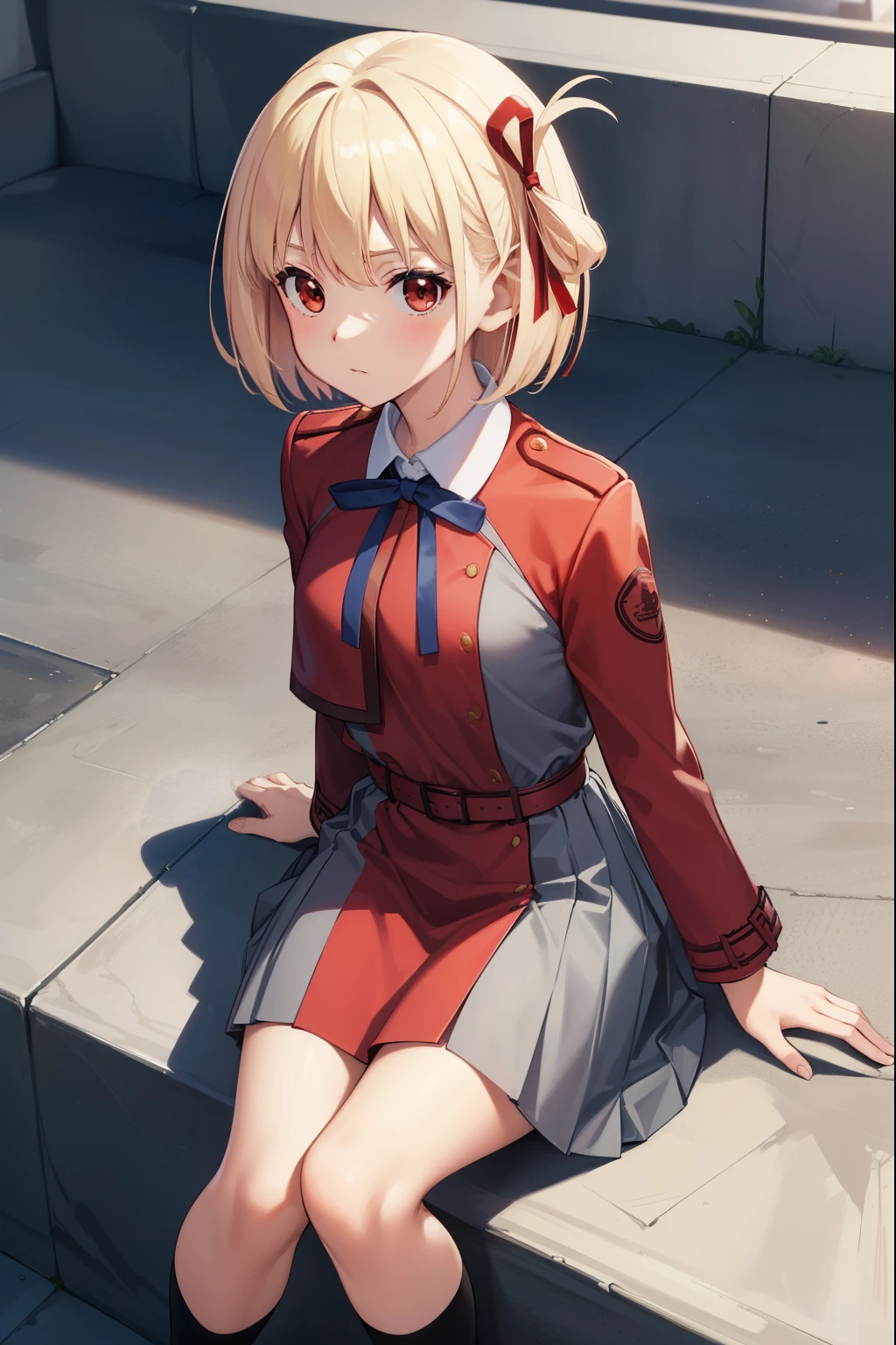 chisatonishikigi, nishikigi chisato, short hair, bangs, blonde hair, (red eyes:1.5), hair ribbon, one side up, bob cut,
BREAK shirt, long sleeves, dress, ribbon, white shirt, collared shirt, belt, neck ribbon, red dress, blue ribbon, pleated dress, grey dress, two-tone dress, red belt, lycoris uniform,,
BREAK outdoors, city,
BREAK looking at viewer, BREAK (masterpiece:1.2), best quality, high resolution, unity 8k wallpaper, (illustration:0.8), (beautiful detailed eyes:1.6), extremely detailed face, perfect lighting, extremely detailed CG, (perfect hands, perfect anatomy), anime - style image of a woman in a white bra top and panties, seductive anime girl, marin kitagawa fanart, makoto shinka, rin, small curvy , anime best girl, sexy pose, smooth anime cg art, asuka suit under clothes!, cushart krenz key art feminine, ayaka genshin impact, zerochan art,