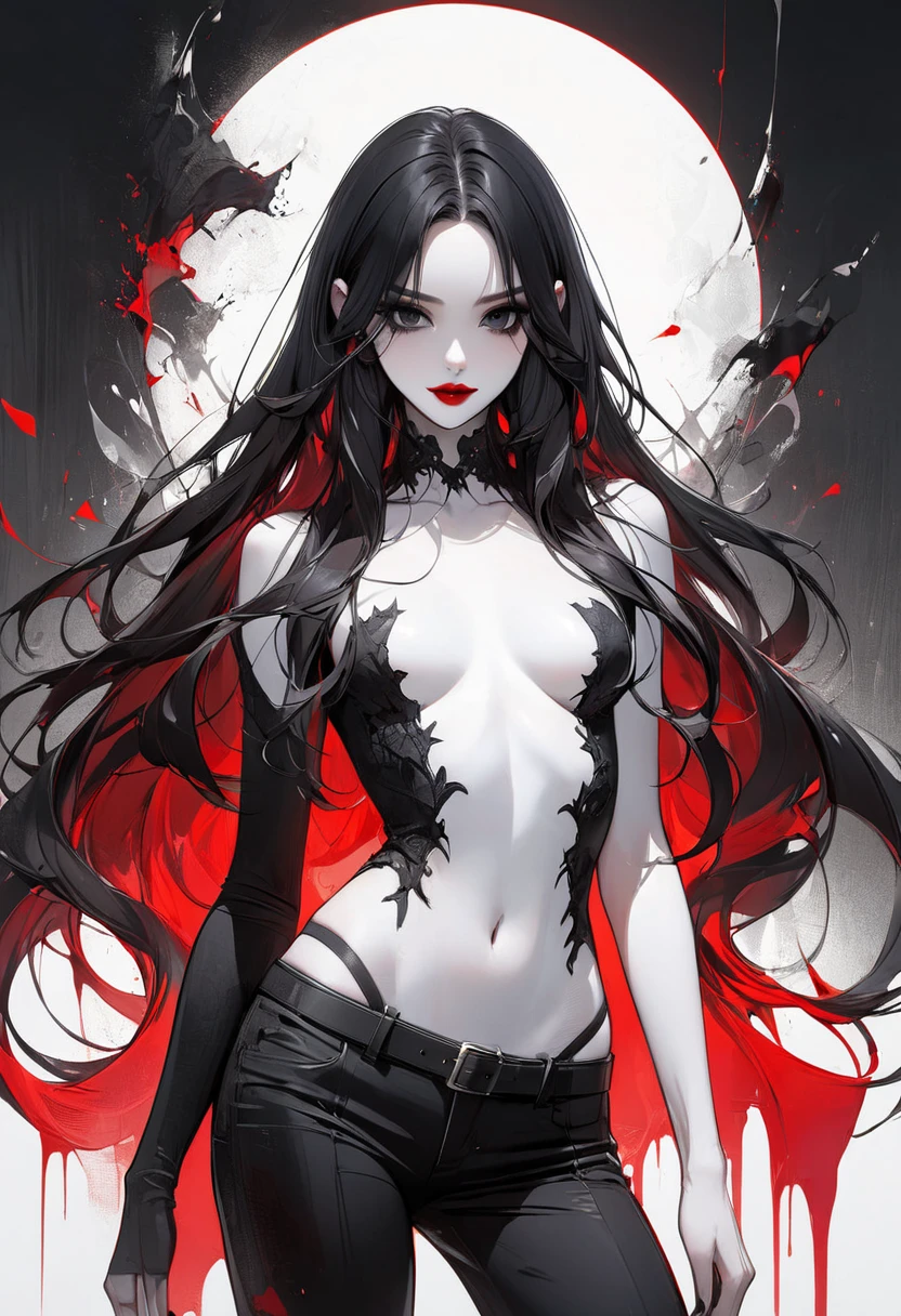 (Best Quality,4K,High resolution), wolf women,Jet black hair on a black body, the whole body is covered with hairs,Beastman, transform,An abnormal,sharp eye,Red glowing eyes,Facial expression enhancement,Changing the Appearance of a Transform,beast,Beastification,buttle,Delicate illustrations drawn in detail,Realistic skin texture expression,Realistic portrayal,Vibrant colors,expresive,Classic background(Best Quality,4K,High resolution), Comical appearance,(Best Quality,4K,High resolution), 18yo woman, Red highlights on black hair, Long hair, Straight hair, Cool Woman,Cold eyes ,sharp eye,Intricately decorated ripped clothes,the witch,comic strip,animesque,Comical illustration,busy,Deformed cute illustration,Fighting,buttle,Evil Fight,Full body projection,Halloween,Dark worldview