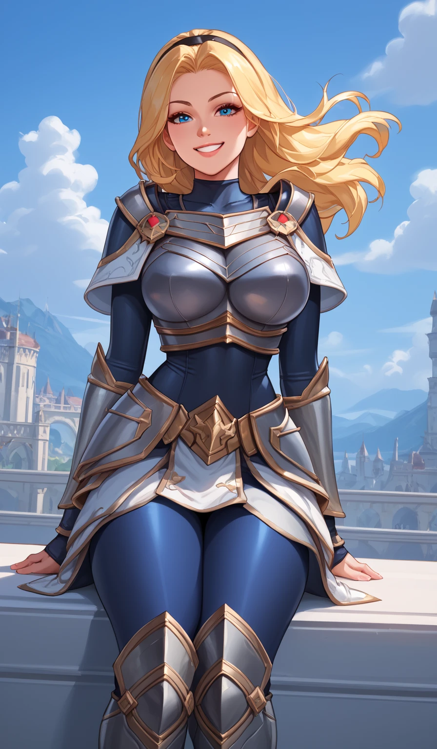 score_9, score_8_up, score_7_up, score_6_up, score_5_up, score_4_up, LuxLoLXL, blue eyes, blonde hair, long hair, black hairband, big breasts, collarbone, shoulder armor, armor, blue bodysuit, breastplate, long sleeves, faulds, skirt, blue pants, armored boots, ((((big breasts)))), smile, alone full body,sitting on a cloud, blue sky clouds , knee high boots