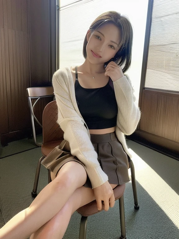 8k, Super detailed, highest quality, Textured skin, Anatomically correct, masterpiece , highest quality, Cinema Lighting, Use perspective throughout , Surrealism , ,(Realistic:1. 3),(RAW Photos) , Black Hair, light smile, short hair, Bobcut, Anaglyph, Stereogram, (Mature Woman:1), (38 years old), ((close:0.5)), Glare, double eyelid, Lip gloss, (smile:1), ((close your eyes:0.85)), Red Mouth, clavicle, ((View Viewer)), (short hair of reddish-brown color wet and shiny,), (The whole body is visible) , Slightly thick body type , Wide-eyed , Perfect round eyes , Fine texture ,(A mansion built on the lake)、(The lake can be seen from the window)、(Beautiful wood grain wall panel、Wooden desk、Large leather sofa)、(White wool jacket)、(Black trousers)、(Viewed from the front at a 45 degree angle)、(Sit on the sofa with your legs together)、