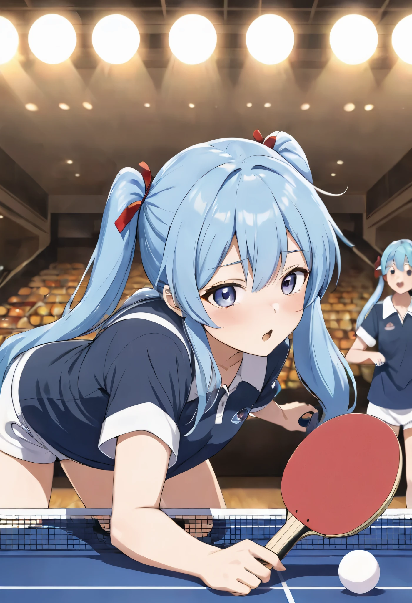 One person playing table tennis at an indoor venue watching by an audience,  light blue long hair、 girl with twin tails 、 close-up、8k!, 4K cartoon wallpaper ,  official artwork,  anime stills featured today,  detailed anime vagina  ,8k!!, Official anime stills,  2D anime style , 