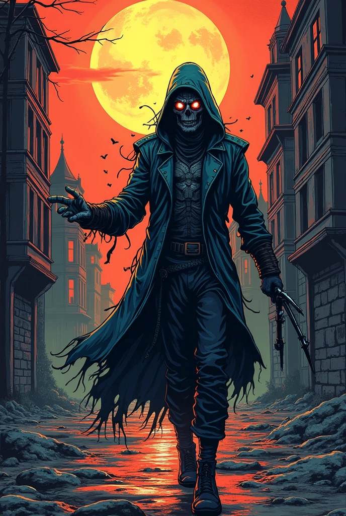 jack the ripper of dark fantasy image, 1800s foggy London in linocut background, full body shot, walk the street, 1 male, cool eye with golden eyes, sharp looking, sharp face, evil smile, drop one chin, dark brown and gray hooded cloak, put on hood, toying with ornament dagger of shining, light black leather suit, black leather boots, slender body, rave fashion with holography style, black lighting, super fine illustration, extremely detail, 8k, grim reaper behind man in holographic style,