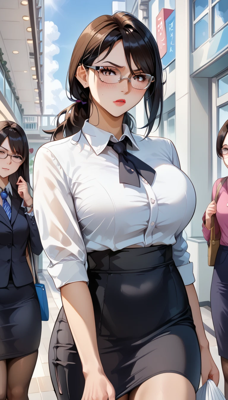 ((Company Office))、 black hair 、 flipping through the mall  ,glasses、Age 35、black blouse、 tight skirt、  big boobs , View from the front 、tight side-slit skirt 、 seen from above in front of angle 、  arrogant expression , Milf teacher , Futanari, Look over a tight slit skirt in the shape of a penis ( knees ),  arrogant expression ,  dances on the , Femdom face ,  futanari, femdom 