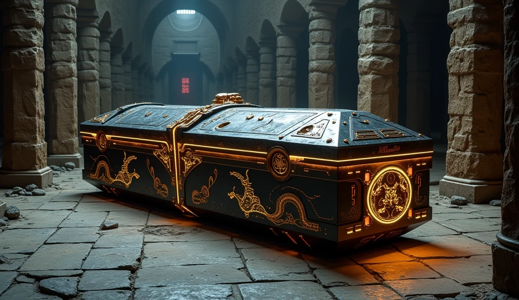 Wide view, straight on shot, futuristic, Fantasy, cinematic scene. Ancient  tombbackground. In center of the tomb room, The asian ancient, heavy Metallic dark big coffin, color  in dark and copper color. it decorate by ancient runes. Inspired by Asian decorate, Implemented Asian and eastern elements. Chinese Dragon. Golden runes and cybernectic line decorate, Grimmdark. (Ultra-realistic, 32k, Masterpiece, High Quality, Detailed Realistic Background, Official Art, Realistic Lighting, filmfotos, film grain, reversal film photography).