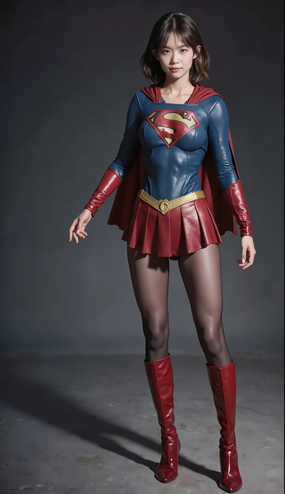 background 、((( Depicting beautiful legs in black tights .)))、((( Legally express the beauty of your smile )))、(((( make the most of your own original image )))、((( Rolling backwards in a supergirl costume )))、(((ボディにフィットした Rolling backwards in a supergirl costume )))、(((Beautiful Hair)))、(((A smile and a wink )))、(((Please wear black tights....、Wear red boots)))、(( top quality、8k))、(( top quality、8k、 Masterpiece :1.3))、(((Save the background )))、 Strong concentration:1.2、 beautiful woman with a perfect figure in a traditional Japanese room sitting on tatami mat :1.4、 slim abs :1.2、 wet body:1.5、 High resolution face and skin texture 、8k