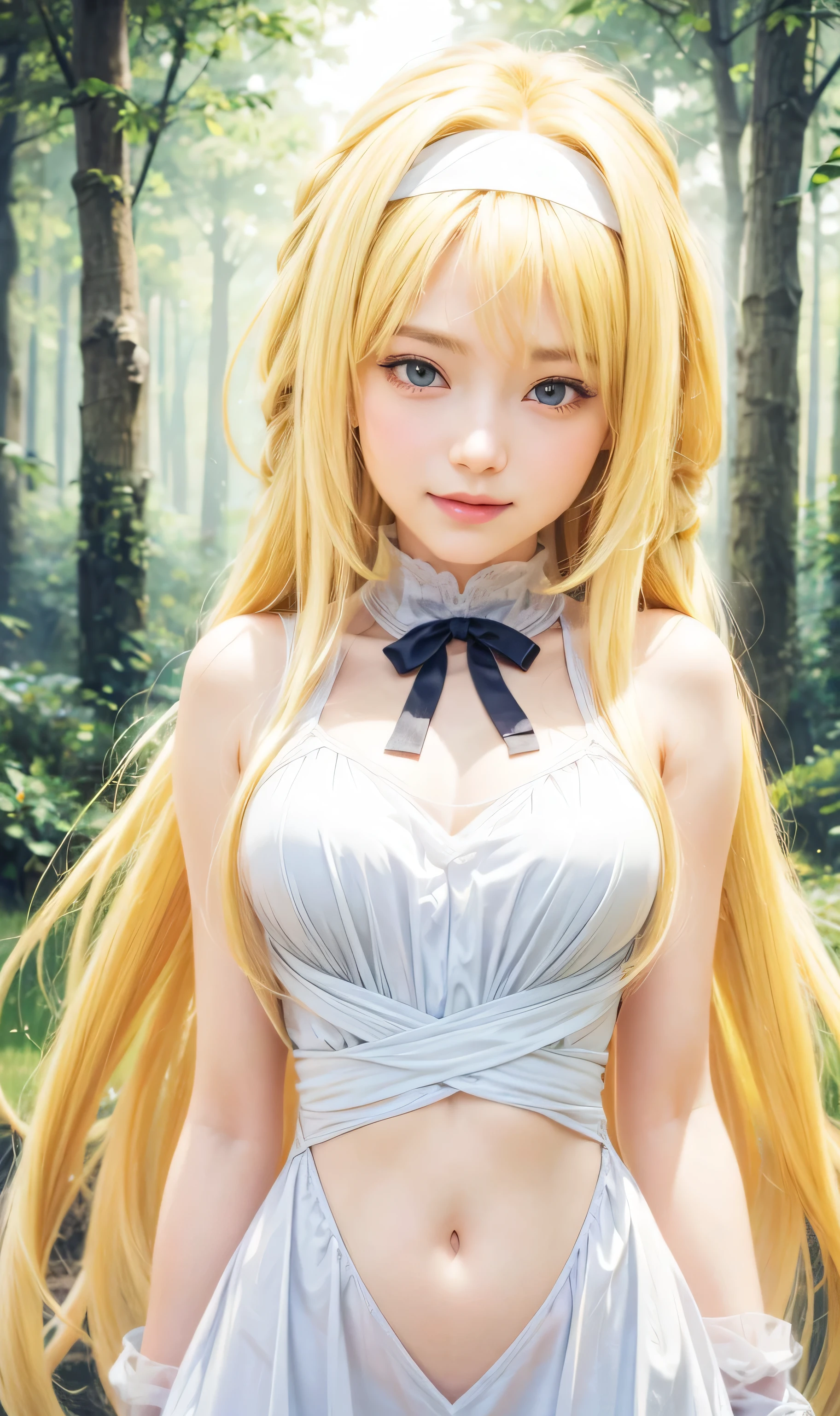 masterpiece, best quality, (realistic,photo-realistic:1.4), (RAW photo:1.2), extremely detailed CG unity 8k wallpaper, delicate and beautiful, amazing,finely detail, official art, absurdres, incredibly absurdres, huge filesize, ultra-detailed,extremely detailed eyes and face,light on face,yuuki asuna,(little smile),(blonde hair:1.4),(long hair:1.4),(wearing bikini:1.5),nature background,(medium breast:1.3),white hairband