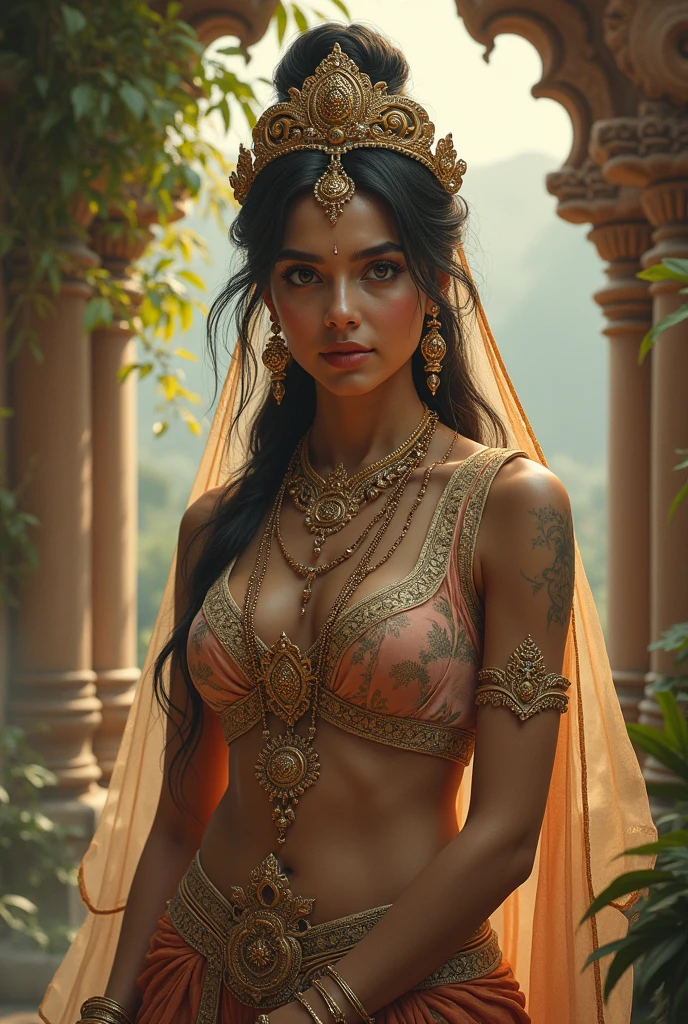 a woman in a sari posing for a picture, indian goddess, traditional beauty, indian, beautiful goddess, ornate cosplay, indian style, indian super model, beautiful maiden, gorgeous woman, south east asian with long, provocative indian, gorgeous beautiful woman, intricate outfit, hindu aesthetic, beautiful asian girl, extremely detailed goddess shot, jaw-dropping beauty, big deep cleavage sexy navel, big deep cleavage, sexy indian women, massive in sexy bikni fusion full body