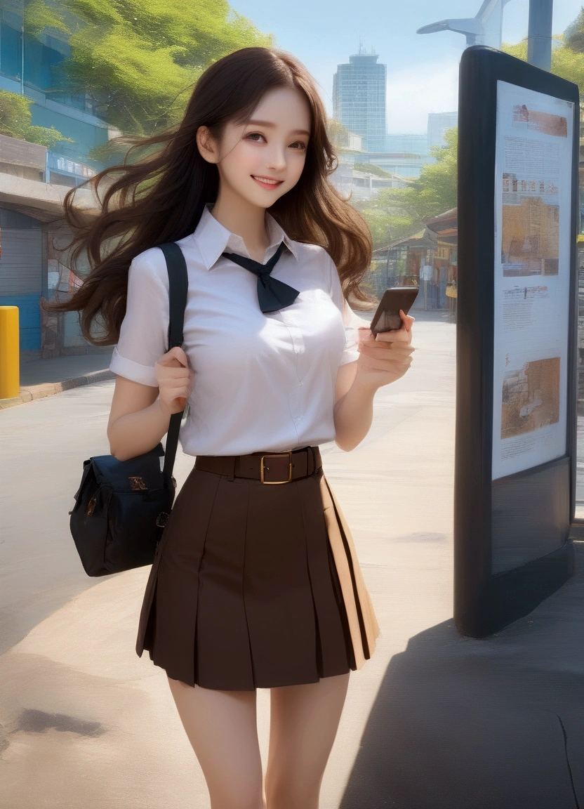 pretty woman, smiling, standing posed at bus stop, holding a smartphone, kiosks, (+forehead, long hair, brown hair), white short sleeves collared shirt, black pencil mini skirt with brown belt, sandals, bag, BREAK, (1girl, solo, full body), (best quality,4k,8k,highres,masterpiece:1.2),ultra-detailed,cinematic lighting,moody lighting,dramatic shadows,vibrant colors, (expressive eyes, perfect face, perfect anatomy)