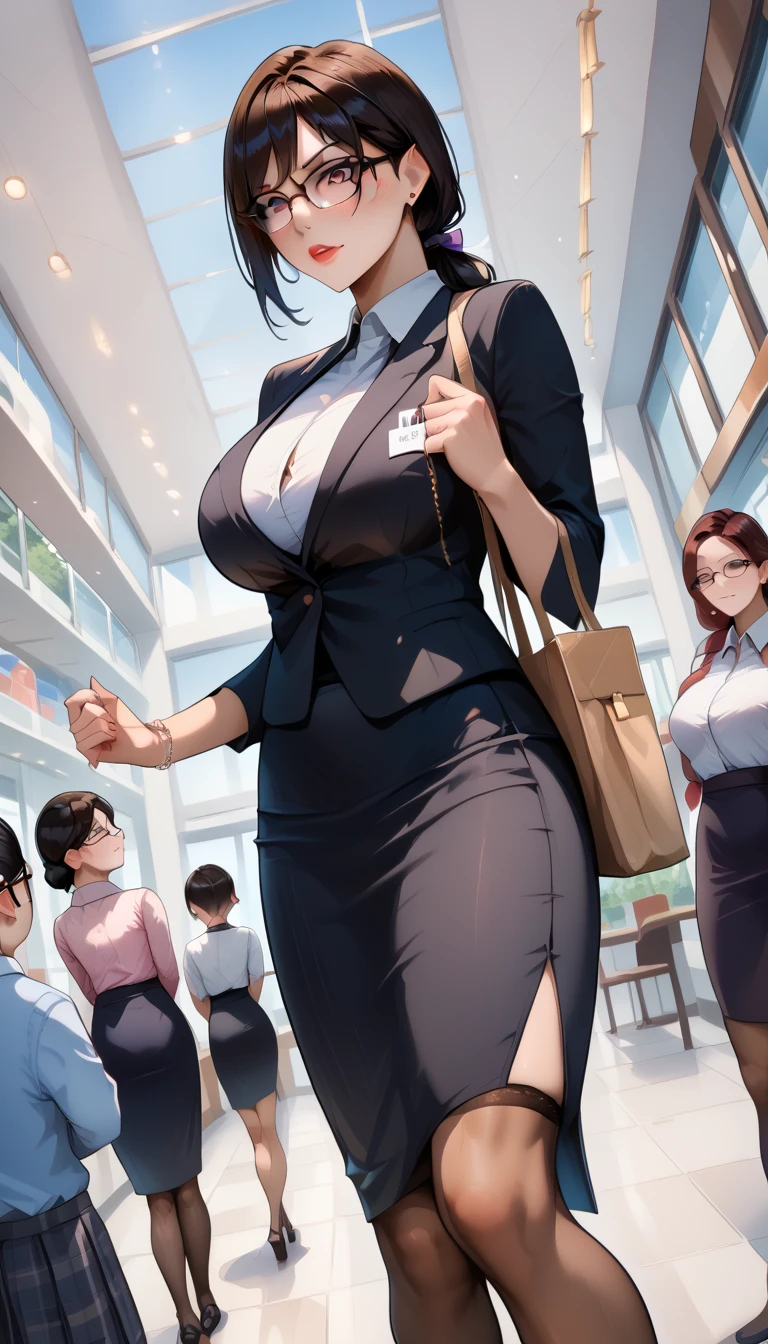 ((Company Office))、 black hair 、 flipping through the mall  ,glasses、Age 35、black blouse、 tight skirt、  big boobs , View from the front 、 Tight side slit skirt 、 seen from above in front of angle 、  effusive expression, Milf teacher , Futanari,  The shape of a penis sticking out of the skirt ,  effusive expression,  dances on the , Femdom face ,  futanari, femdom , Penis shape above the skirt 