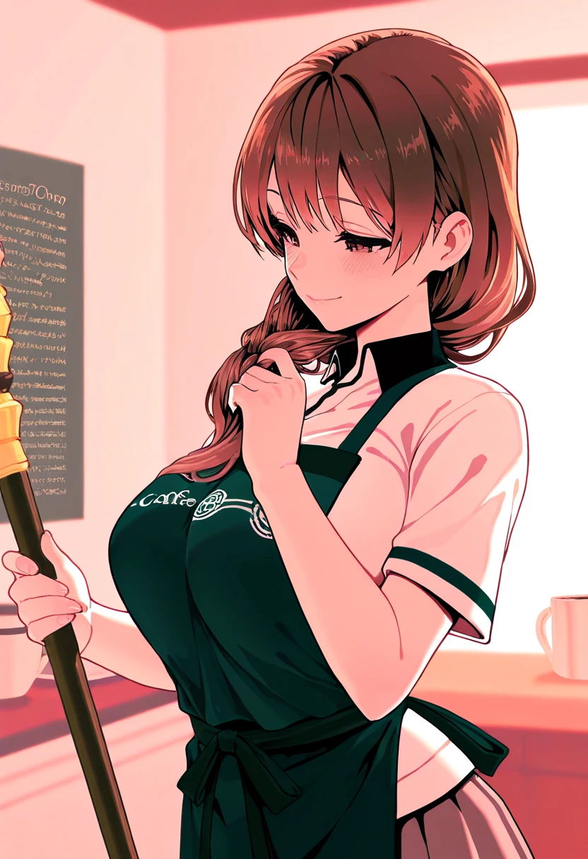 Only one female, /(staff uniform/) /(Dark green apron/), /(Brown Hair/) bangs, A gentle blushing smile, (Masterpiece Top quality:1.2) Delicate illustrations, super detailed, Big Breasts, /(Cafe Shop/),Braiding,skirt