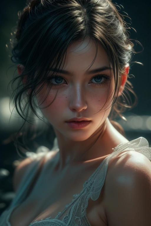 Russian Race, European race, (masterpiece, highest quality, photorealistic, High resolution, photograph: 1.3), Close-up, Focusing, black hair, bun hair, short hair, hot models, slim, 30 year old mature woman、realな肌, (perfect body, cleavage), Sexy hot face, erotic, sexual gaze, slim, Sweat top, highly detailed hair, glossy lips, outdoor, ((bright light、dynamic lighting、real、超real、 realism、realistic details、background gray、Plain gray background