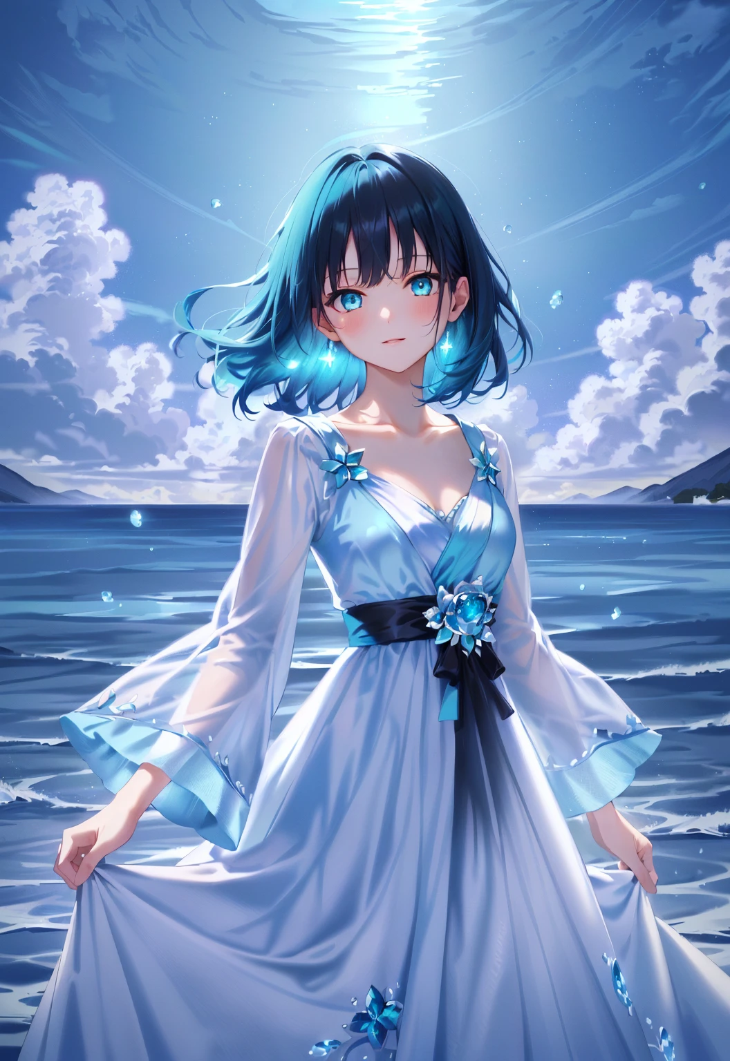 masterpiece, best quality, highres, absurdres, 4k resolution, official art, source_anime, waist up, expressive eyes, female, youthful, ager, young, beautiful, looking at viewer, black hair, night hair, long hair, aqua hair highlights, blue glow highlight, flat hair, straight hair, long sidelines, aqua blue eyes, fair skin, collarbone, celeste blue gown, white dress, wide sleeves, regal attire, royalty, water theme, sapphire, water element, blue sky background, exterior, 