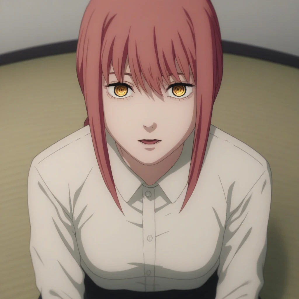 source_anime,
Makima, long hair,  Braided Ponytail ,red hair, detailed gold eyes, hair between eyes, perfect eyes, Perfect face, expressive eyes, close up face:0.2, ,
white dress shirt,, pants,
indoors, office, realistic office room, kneeling, 
cowboy shot, looking at viewer, solo, dutch angle, medium breast, open mouth,