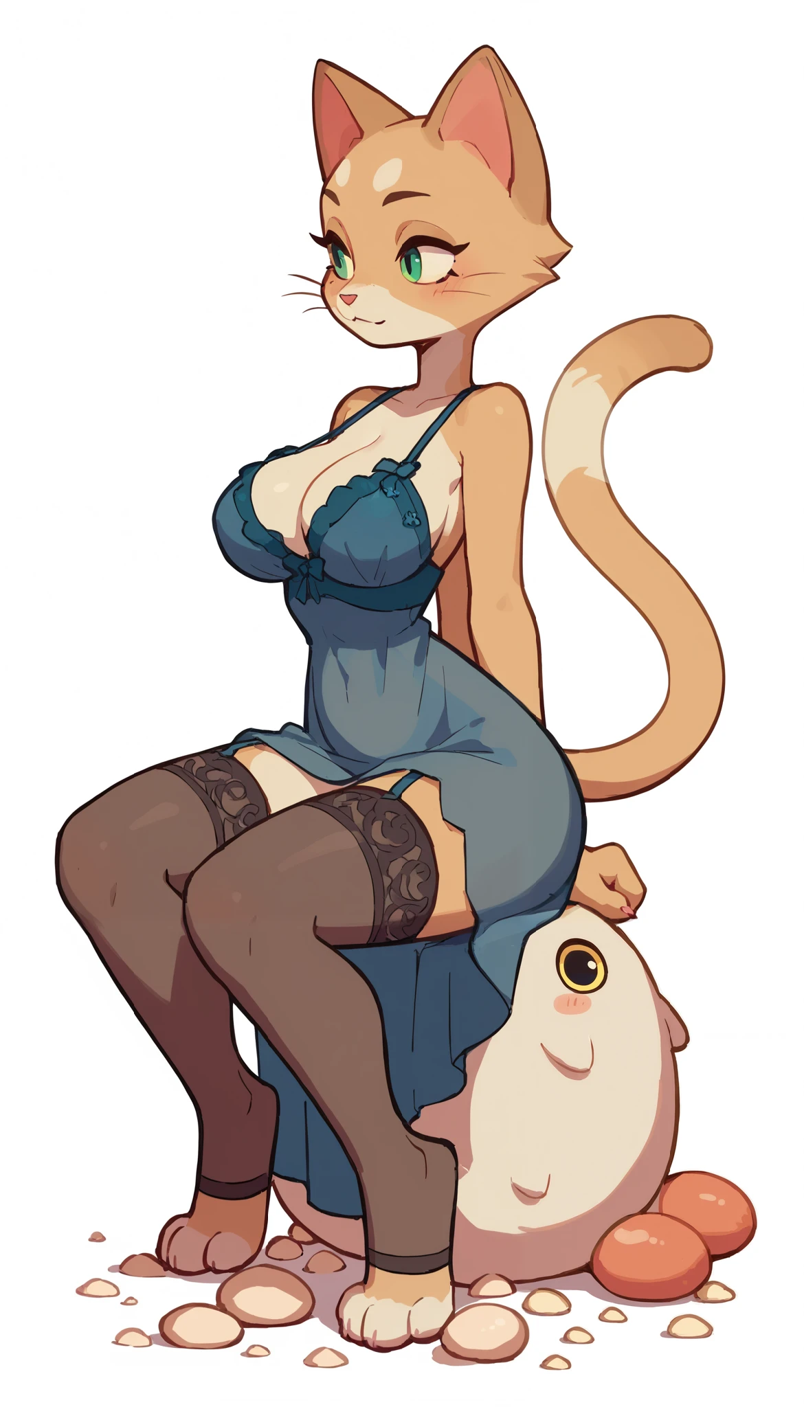 The Q version of the cute furry cat, sitting, hands behind back, elegant pose, tall, tall woman, thick body, thick, seductive, sexy expression, female cat, big breasts, hips, female body, woman, female, night gown lingerie, stockings, paws, beans, white background