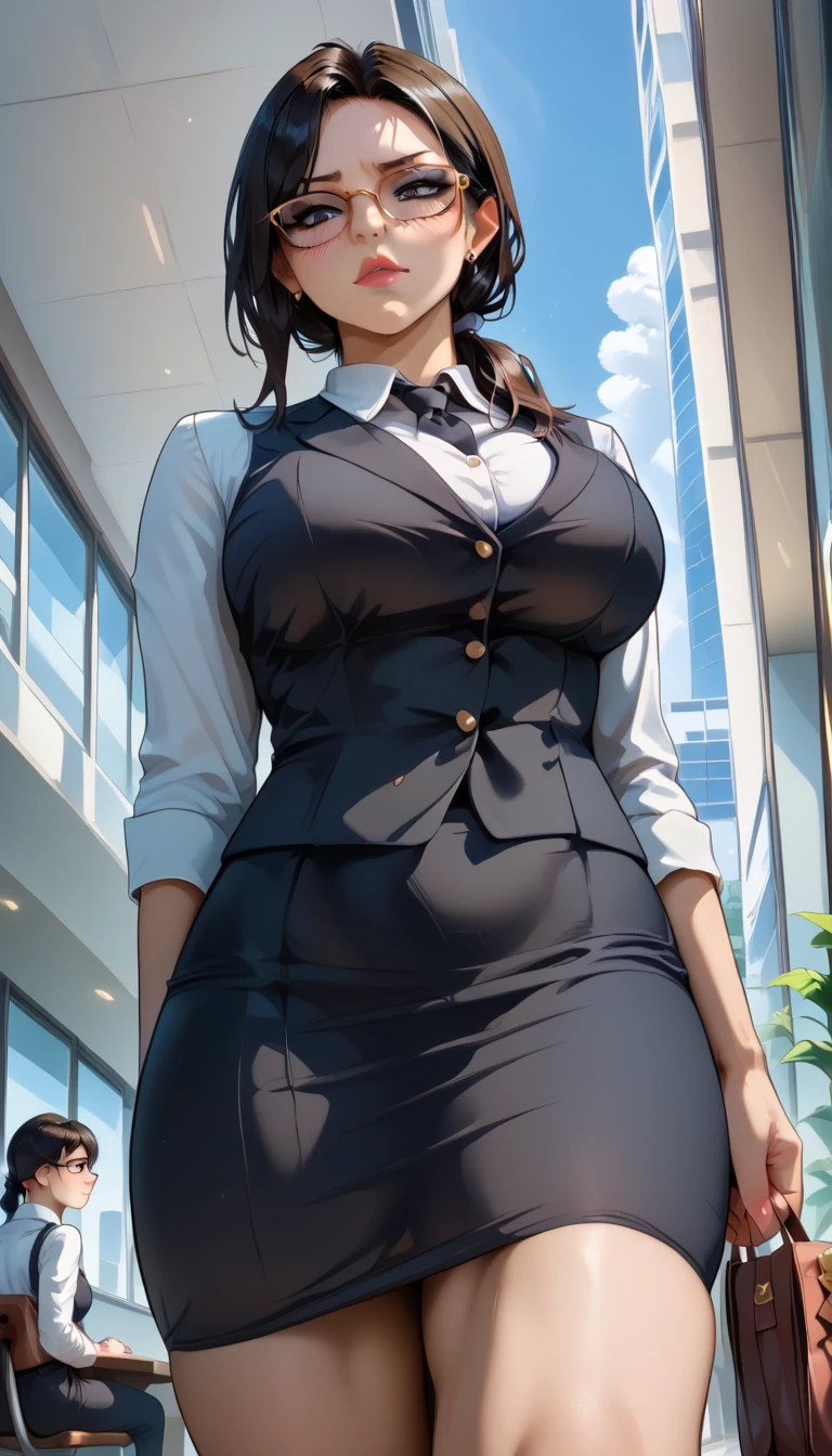 ((Company Office))、 black hair 、 flipping through the mall  ,glasses、Age 35、black blouse、 tight skirt、  big boobs , View from the front 、tight side-slit skirt 、 seen from above in front of angle 、  arrogant expression , Milf teacher , Futanari,  penis sticking out of the skirt ,  arrogant expression ,  dances on the , Femdom face ,  futanari, femdom , erection below the skirt 