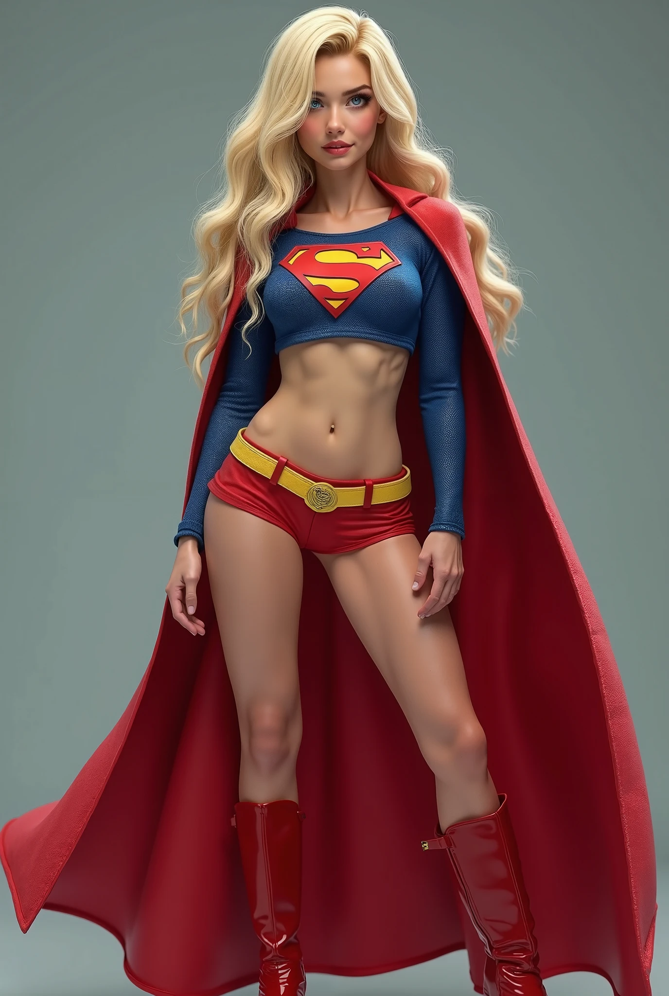 A SEXY BUSTY BLONDE TEEN FEMALE WITH BLUE EYES WEARING A 1970 SPLIT OPEN V BUTTONLESS FULL LENGTH BLUE V BLOUSE WITH A "S" EMBLEM ON THE RIGHT SIDE OF HER CHEST, A PAIR OF RED SHORTS WITH A YELLOW SUPERMAN BELT, TALL RED HEELED SUPERGIRL BOOTS, AND A LONG FLOWING RED SUPERGIRL CAPE. PHOTO REALISTIC, HYPER DETAILED AND TEXTURED.