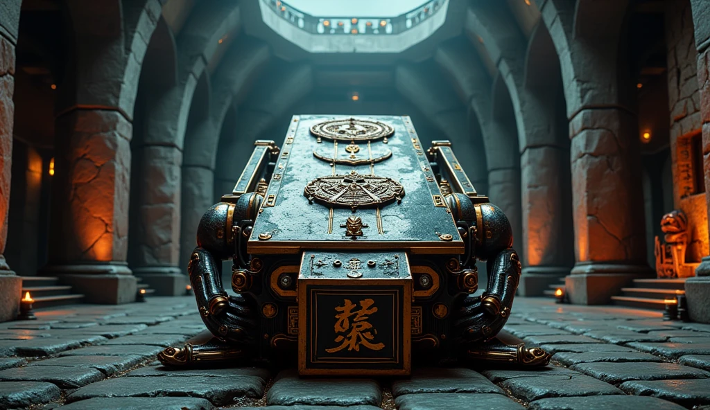 Wide view, straight on shot, futuristic, Fantasy, cinematic scene. Ancient  tombbackground. In center of the tomb room, The asian ancient, heavy Metallic dark big coffin, color  in dark and copper color. it decorate by ancient runes. Inspired by Asian decorate, Implemented Asian and eastern elements. Chinese Dragon. Golden runes and cybernectic line decorate, Grimmdark. (Ultra-realistic, 32k, Masterpiece, High Quality, Detailed Realistic Background, Official Art, Realistic Lighting, filmfotos, film grain, reversal film photography).