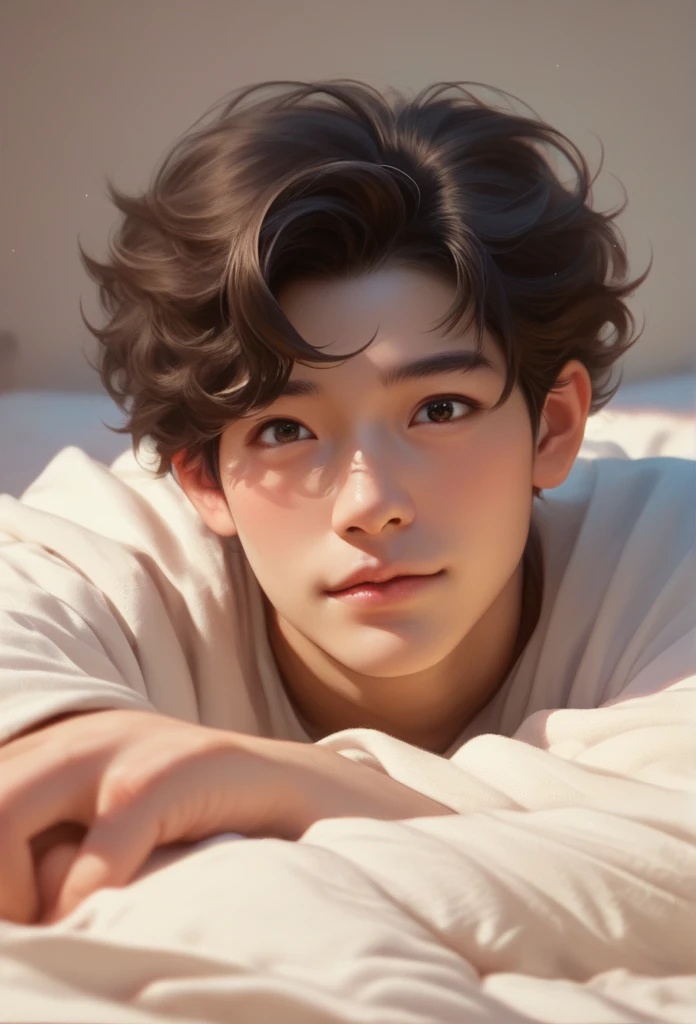 score_9, score_8_up, score_7_up, A hyper realistic ultra detailed photo of hansome Asian man, simple hair, dark brown hair, ultrarealistic, cute,body, perky , perfect eyes, looking at viewer, amusement, sitting on bed, dark bedroom background, lower view pov