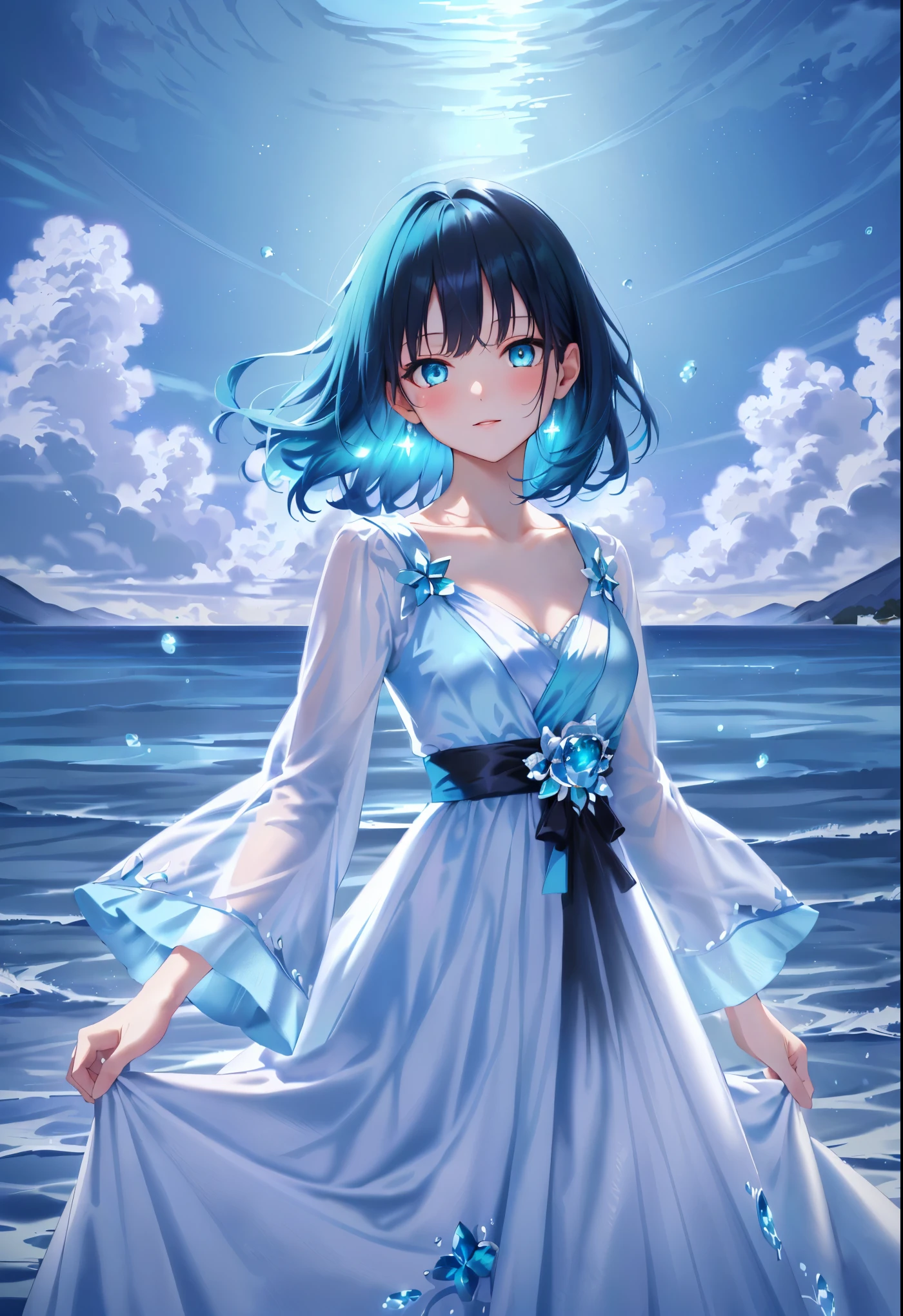 masterpiece, best quality, highres, absurdres, 4k resolution, official art, source_anime, waist up, expressive eyes, female, youthful, teenager, young, beautiful, looking at viewer, black hair, night hair, long hair, aqua hair highlights, blue glow highlight, flat hair, straight hair, long sidelines, aqua blue eyes, fair skin, collarbone, celeste blue gown, white dress, wide sleeves, regal attire, royalty, water theme, sapphire, water element, blue sky background, exterior, 