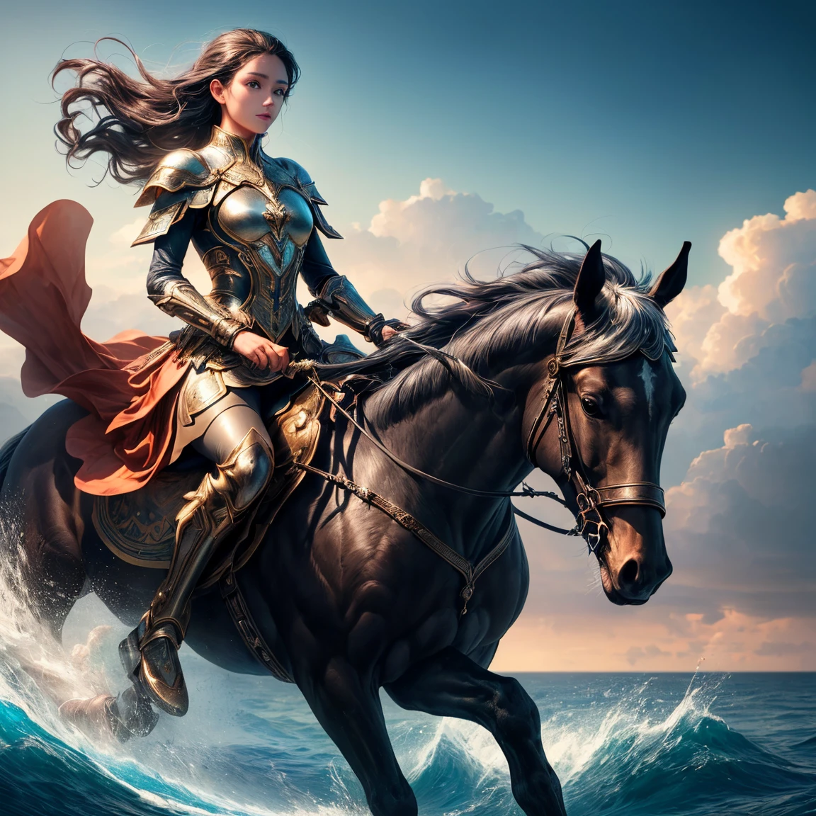 Dynamic Movie, cinematic film still long torso, <lora:ParDet-ColCin:0.33>, ((withstanding a majestic horse, riding, posing:1.3)), (((detailed fur, intricate leather ornaments:1.3))), Amidst the vast stormy sea, a determined and audacious bearded Man, (Male, intricately bearded, beard:1.4) (male warrior) audaciously depicts in a mesmerizing Mystery-fantasy full-body illustration. His piercing green eyes reflect the tumultuous depths of the ocean, capturing the essence of the raging waves that surround him. Clad in intricately crafted shell (armor, with detailed armament), establishing overwhelming war strength, each piece fashioned to withstand the fury of the sea, he audaciously depicts as a guardian of the deep. ((His algae cloak, woven from strands of seaweed and kelp), billows, wind whipped in the relentless winds), adding to His encouraging hazardous representational dynamic stance. Surrounded by the towering, ample waves and swirling currents, he embodies the untamed spirit of the ocean. With flowing beard and a dynamic pose lifting His arms up, he exudes resilience and determination, inviting viewers to witness the raw power and fierce daring venture of the sea. Inspired by the vastness and tempestuous nature of the ocean and the visionary works of ((Greg Rutkowski), by Milo Manara) and Yoko Honda., Heroic Brilliance: Amidst the grandeur of daring deeds, where the heroine's prowess shines bright, a saga unfolds. Witness the ebb and flow of her journey, each chapter intensified by her captivating allure. As challenges mount, her need for aid ignites a flame of unwavering determination, propelling her forward with unmatched courage. In every act, her brilliance radiates, a testament to her unyielding valor and boundless heroism. With resolute courage, she embarks on unprecedented quests, leaving an indelible mark on history with each daring endeavor. . intricate detail, 8k uhd, soft lighting, high quality, film grain, Immersive Point of view, clear lines, glossy surface, oily gloss, perfect composition, symmetrically arranged depth of field, dynamic perspective, subsurface scattering), bokeh, decorative, symmetrical, ((dynamic)),((vignette))), highly detailed, high budget, cinemascope, moody, epic, gorgeous, wide angle, cinematic establishing shot, (attention-grabbing, catchy), shallow depth of field, cinemascope, moody, epic, gorgeous, film grain, grainy, volumetric lighting, subsurface scattering, special effects, color grading, fantasy aura, (vibrant colors, sharp focus, cinematic bloom), official art, official wallpaper, surreal, whimsical atmosphere, powerful energy, cinematic lighting, (extremely intricate), (adorned, glossy, crisp focus), perfect anatomy, transparent, polishing, glowing, shine, dazzling, crisp contrast