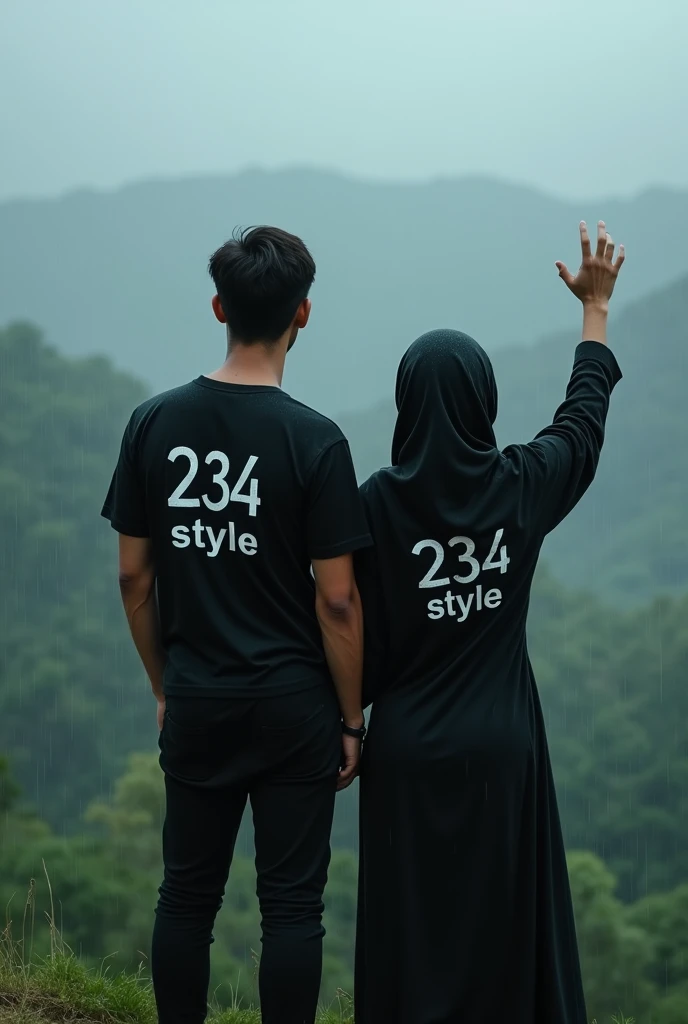 A hijaber indonesian pretty woman, wearing a tshirt long leging with a strong vector design featuring a silhouetted image of a five-fingered palm in pastel colour with love and light. The phrase "STOP FREE SEX" is displayed in bold simple elegand, distressed typography with pastel colours, while holding her skirt with legings, wave a hand at the camera, in a top of mountains, surrounded by many dark monster, jav idol, with front shooting angle, very realistic, (complex detail: 0.9), (hdr, hyperdetail: 1.2), RAW, Sony Alpha a9 II, 24-105mm f/4, HDR,