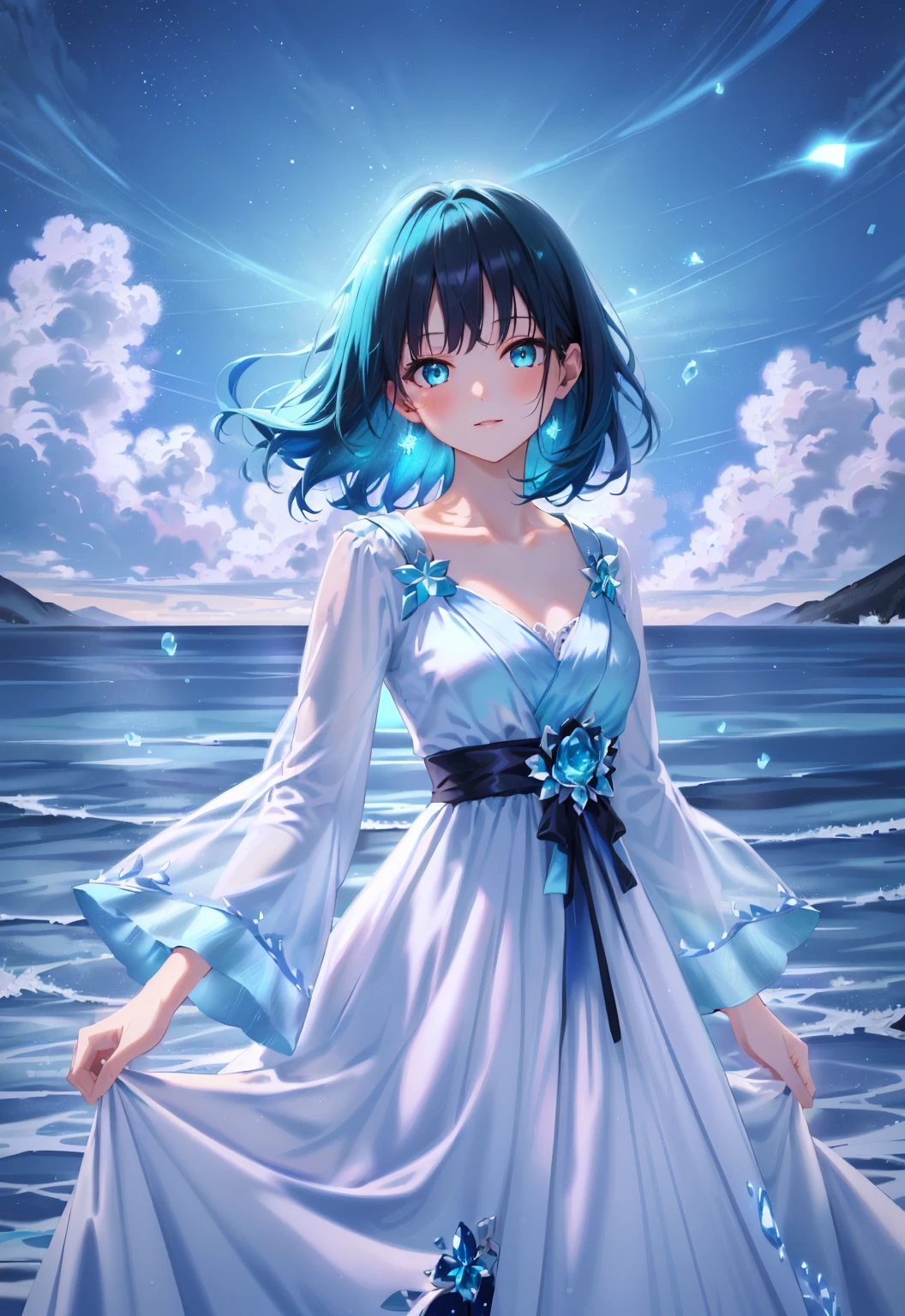 masterpiece, best quality, highres, absurdres, 4k resolution, official art, source_anime, waist up, expressive eyes, female, youthful, teenager, young, beautiful, looking at viewer, black hair, night hair, long hair, aqua hair highlights, blue glow highlight, flat hair, straight hair, long sidelines, aqua blue eyes, fair skin, collarbone, celeste blue gown, white dress, wide sleeves, regal attire, royalty, water theme, sapphire, water element, blue sky background, exterior, 