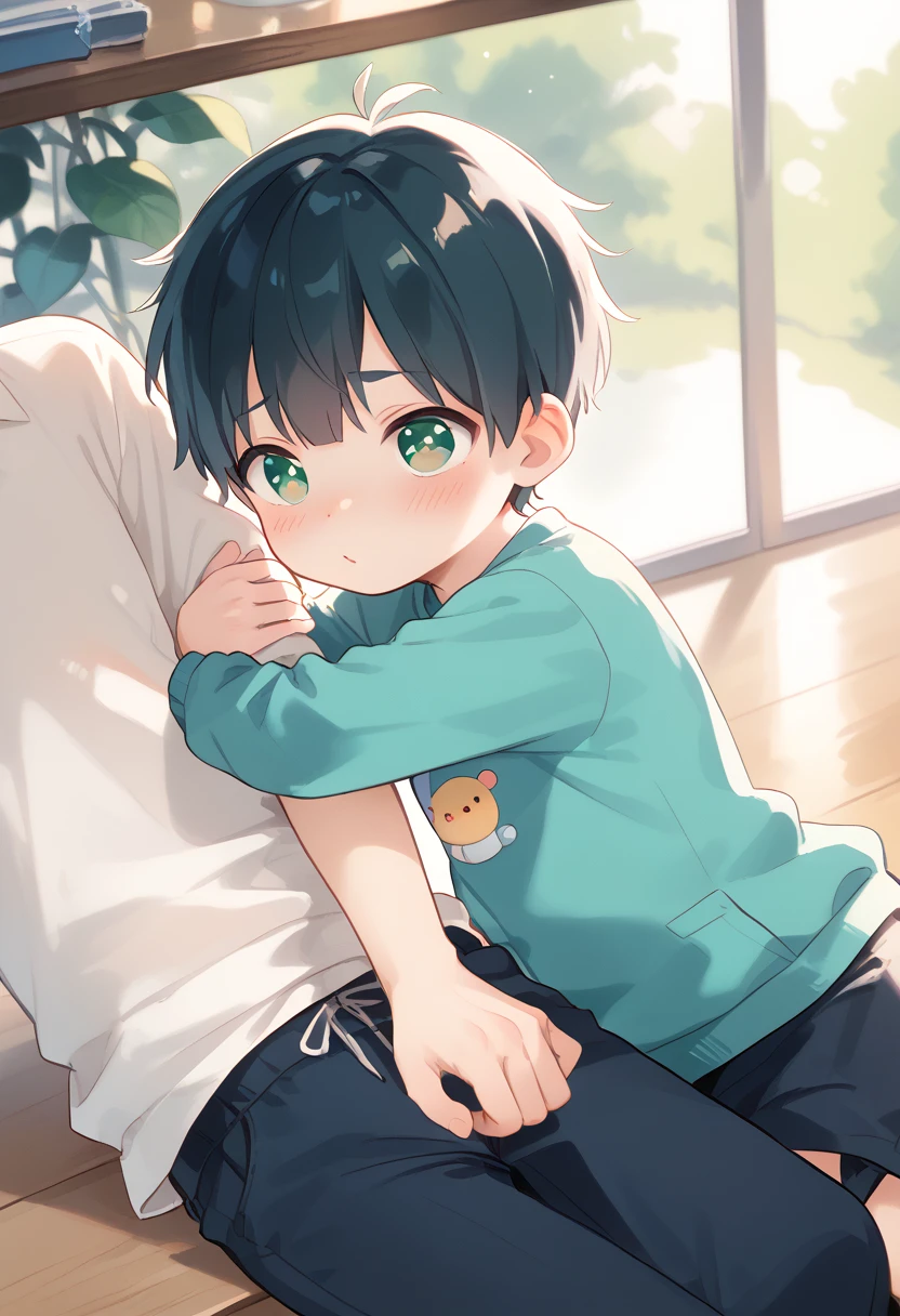 Comic style, comic anime cute boy, black hair, green eyes, slightly blushing, is a primary school boy, baby clothes, dino suit pink, cute face, big eyes, anime drawing style, shota boy size,slim body, boy's body, gay, boys love it, man and boy, heart in pupil baby boy, small boy, arm hug holding boyfriend, baby dino clothes, sitting 