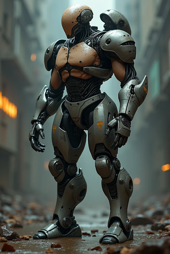 A big giga muscular men cyborg with scars on all body, red eyes, very white skin.
