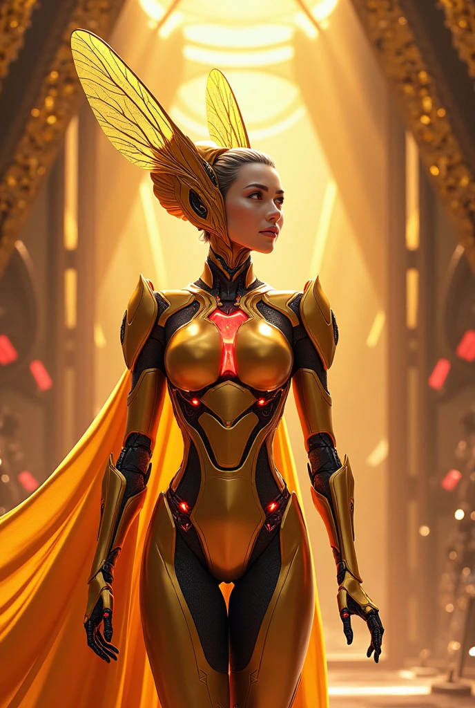 araffe wearing a yellow organic costume with glass dome visor, movie still of the alien girl, alien woman, as a futuristic heroine, vespertine, futuristic clothing and glass, movie still, fashionable futuristic woman, iris van herpen rankin, female alien, alien girl, of a futuristic woman selk'nam. avante garde design stylings inspired by curves
