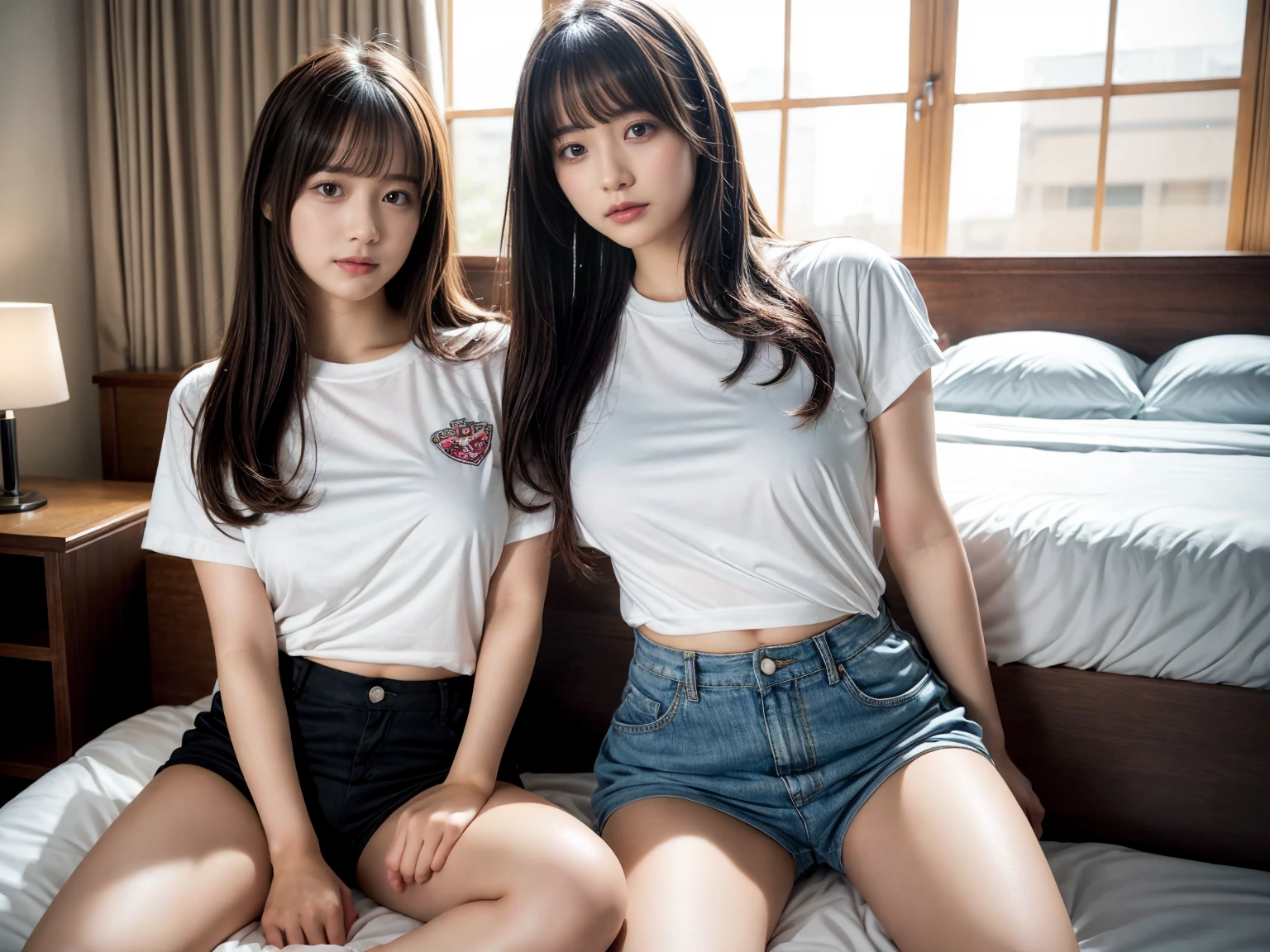 masterpiece, best quality, illustration, Super detailed, fine details, High resolution, 8K,wall paper, perfect dynamic composition,(Details High quality, realistic depiction of eyes:1.3), (2 girls), oversized sport shirt, shorts women, sitting, open legs, short bob hair, in a hotel room in the background, deep on field, large breasts, black hair color, Big Natural Color Lip, (perfect body shape), crying a little、Harajuku style、20 year old girl、cute type、beautiful legs, Gravure Idol