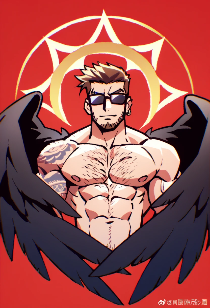 a bearded tattooed muscle cowboy with angel black wings posing naked, nsfw, muscular man, perfect anatomy, balanced anatomy, hairy, big chest, bdsm costume, black cowboy hat, sunglasses, big penis, handsome, lewd expression, muscular, short haircut, bearded, brown hair, piercings, angel black wings, red background, high resolution, high quality, masterpiece.