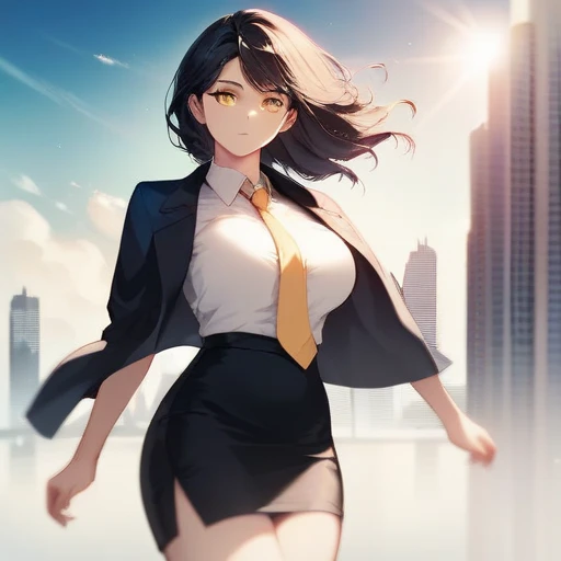 1girl, intricate detail, masterpiece, best quality, extremly detailed,cinematic lighting, beautiful detailed glow, finely detailed beautiful face and eyes, 8k, dark intense shadows, yellow eyes, medium hair, black hair, bangs, floating hair, black jacket, open jacket, white shirt, expressionless, yellow necktie, black skirt, spotlight, sunshine, sunrise, gradient sky, city, lens flare, cowboy shot, [[curvy]], [mature female]