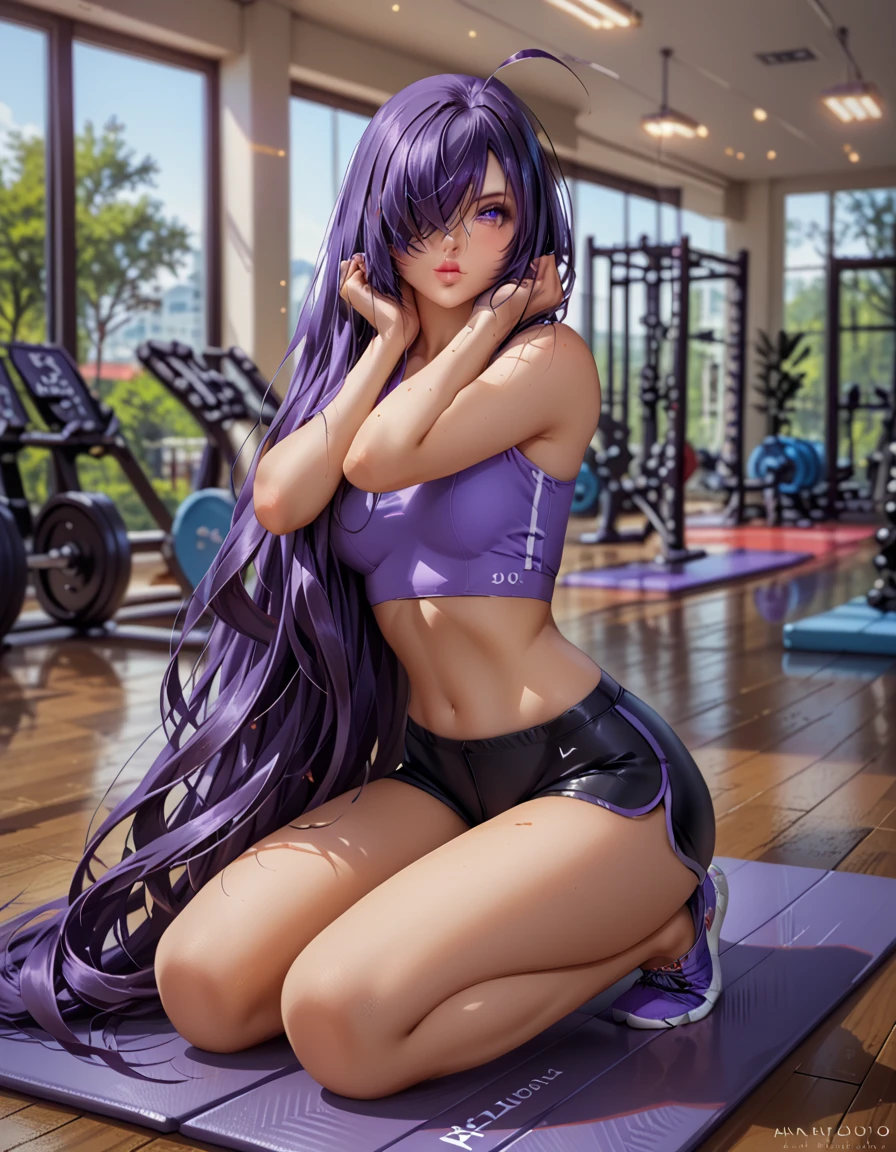 score_9, score_8_up, score_7_up, 1girl, solo, beautiful waifu, (Unchou Kanu, kanu, purple hair, hair over one eye, very long hair,:1.2), filled lips, thick lips, detailed eyes, detailed face, flirt, looking at viewer, (tiny yoga shorts, tight yoga top, bare arms, bare shoulders:1.1), in the gym, yoga mat, low light, early evening, shallow depth of field, perfect hands, (Hand, detailed, perfect, perfection, hands:1.2), perfect proportions.