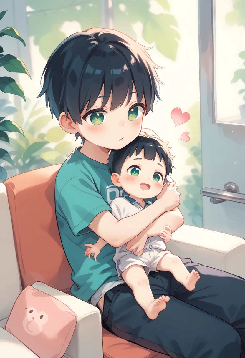 Comic style, comic anime cute boy, black hair, green eyes, slightly blushing, is a primary school boy, baby clothes, dino suit pink, cute face, big eyes, anime drawing style, shota boy size,slim body, boy's body, gay, boys love it, man and boy, heart in pupil baby boy, small boy, arm hug holding boyfriend, baby dino clothes, sitting 