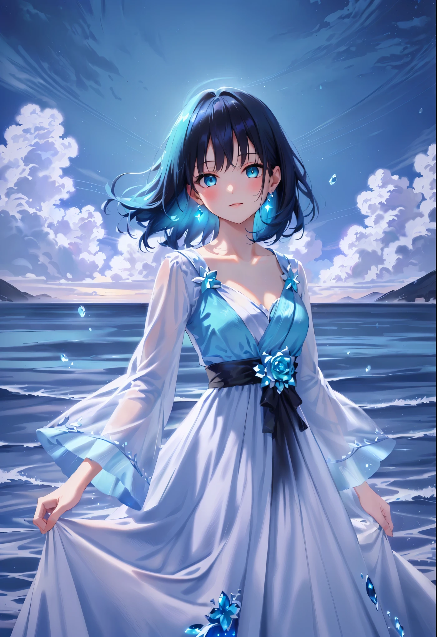 masterpiece, best quality, highres, absurdres, 4k resolution, official art, source_anime, waist up, expressive eyes, female, youthful, ager, young, beautiful, looking at viewer, black hair, night hair, long hair, flat hair, straight hair, long sidelines, aqua blue eyes, aqua glowy earrings, fair skin, collarbone, celeste blue gown, white dress, wide sleeves, regal attire, royalty, water theme, sapphire, water element, blue sky background, exterior, 