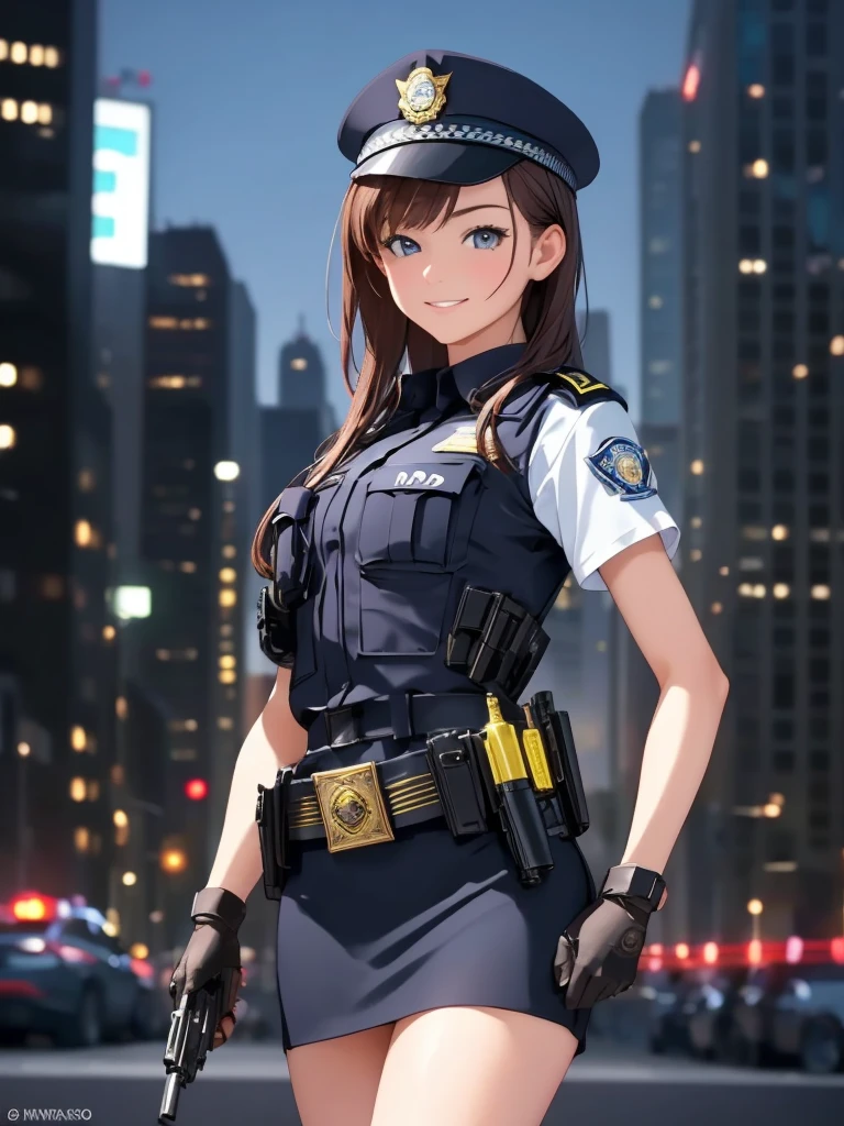 Masterpiece, high resolution, 1 girl, alone, full body, female, bright smile, blush, medium bust, skinny, realistic, 20s, Cowboy Shot,(high quality, 8k, 4k, high contrast, masterpiece:1.2, best quality, best aesthetics), sexy female police officer, detailed face and body, black uniform, mini skirt, belt with equipment, gloves, shiny badge and name tag, carrying a small handgun, flashing police car lights against cityscape background, POLICE lettering,