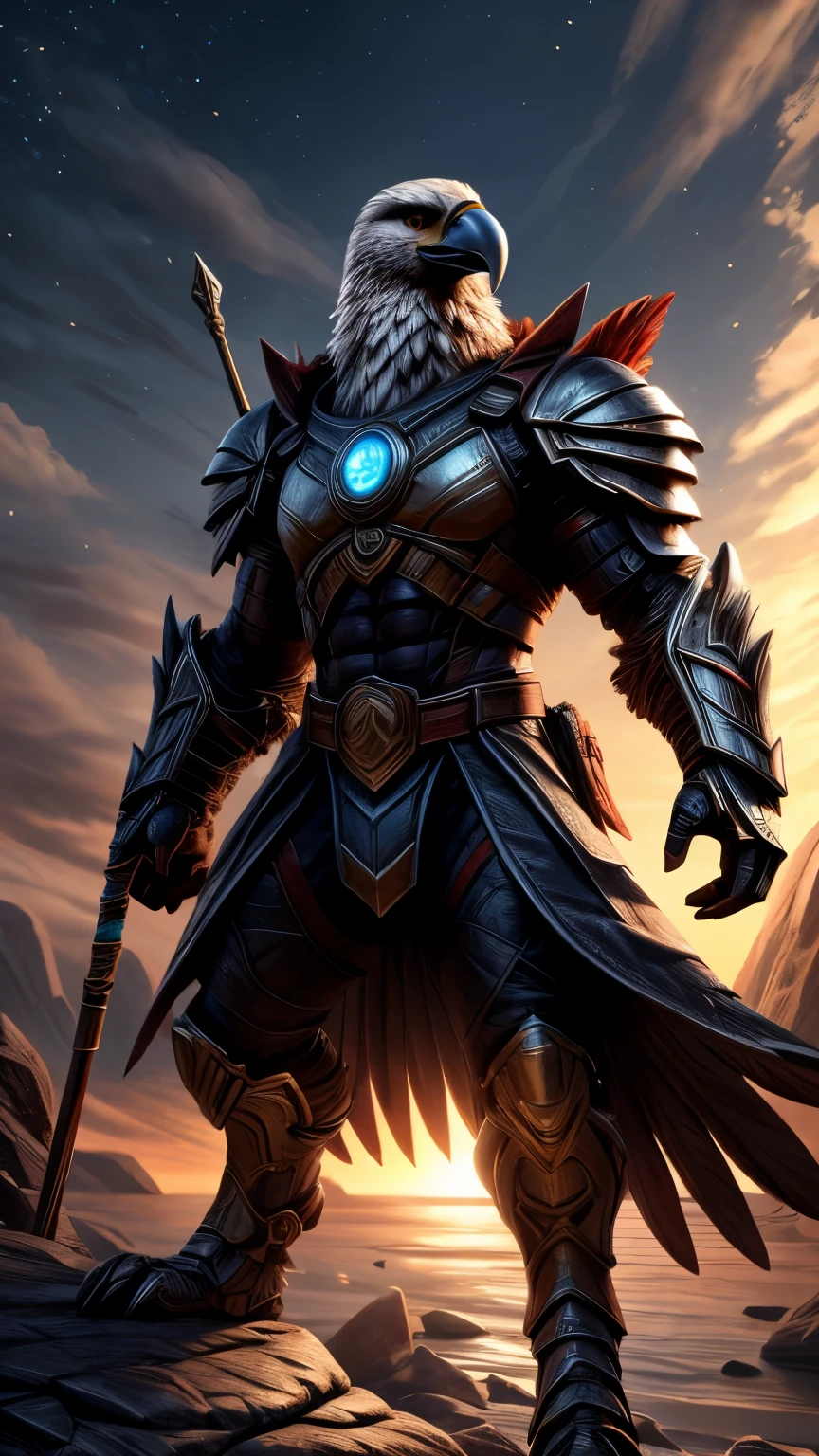 > A photorealistic humanoid bald eagle warrior, standing atop a jagged rocky cliff with commanding presence, overlooking a chaotic battlefield during a fiery sunset. The eagle’s majestic feathers are impeccably detailed, each quill rendered with lifelike precision, transitioning seamlessly from bright white at its head to deep brown along its body. The feathers glint with a subtle metallic sheen, as if enhanced by futuristic technology, emphasizing its hybrid nature of natural strength and engineered power. Its razor-sharp beak is polished to a near-mirror finish, catching the last rays of sunlight, while its piercing golden eyes burn with fierce determination and unyielding resolve.  

> The eagle is clad in cutting-edge combat armor, a perfect blend of sleek futuristic design and patriotic symbolism. The plates are forged from a silvery, high-tech alloy that reflects the warm hues of the setting sun, interspersed with accents of deep blue and crimson glowing faintly in the dim light. Subtle patterns of stars and stripes are etched into the chest plate, shoulders, and gauntlets, pulsing softly with a bioluminescent glow, reinforcing its allegiance. The armor is battle-worn, with visible scorch marks, scratches, and dents from countless confrontations, adding to its storied legacy.  

> In one powerful hand, the eagle wields an enormous energy shield, its surface shimmering with an iridescent energy field that seems to ripple like water, glowing faintly with streaks of white and blue. In the other, it grips a formidable laser spear, its shaft dark and matte with intricate engravings, while the spearhead radiates an intense, almost blinding, red energy that crackles and hums ominously. Both weapons are imposing yet elegant, embodying a balance of deadly efficiency and ceremonial grandeur.  

> The environment is a sprawling battlefield stretching far into the horizon, shrouded in smoke and chaos. Flames leap from wreckage in the distance, while faint silhouettes of a