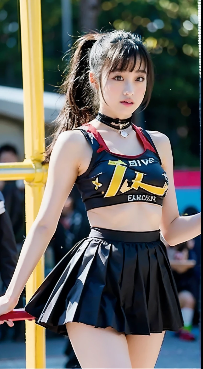 (8k, masterpiece, best quality, high resolution, photorealistic, real girl), (1girl), in a densely drawn stadium, cheerleader, little smile, (body wet with sweat, face wet with sweat: 1.3): 0.2, model figure, ruffled miniskirt, knee-high boots, dainty Japan of 20 years old, very detailed face, double eyelids, makeup, lip gloss, Ultra-detailed body, dense arms, intricate hands, dense feet, face focused, standing, small face, full body from a little distance, sharp focus, shortcut, facing the viewer, dancing, bright lighting, wearing a garter belt