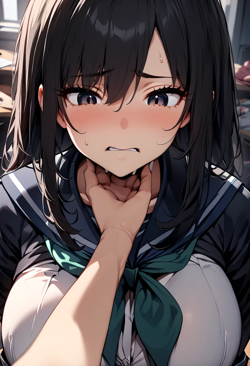 (  Masterpiece  ,   top quality:1.2), 1 girl, Alone,  expressive eyes,  squirm on the floor and look above, ((( looking at the camera))),  Female College Student,  Short Black Hair , ((( perfect face girl who wraps a neckerchief directly around her neck))), Big tits uniform, Troubled face, (Looking down), (((face shot))), (POV hand), (((POV grab your chin )))