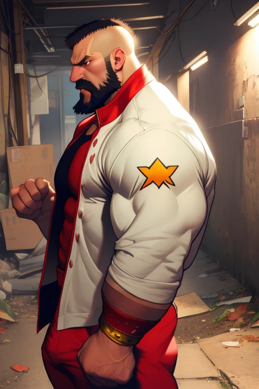 Zangief ,  brown hair, brown eyes, beard,   chest hair ,   muscular,   Coders,  arm bands , 
 men's shirtless ,   red and white wrestling pants ,   
underground fight club ,   angry, 
Standing,  ,  
( insanely detailed worker's livery coat,  beautiful and detailed face ,  masterpiece ,  better quality )
Alone,  