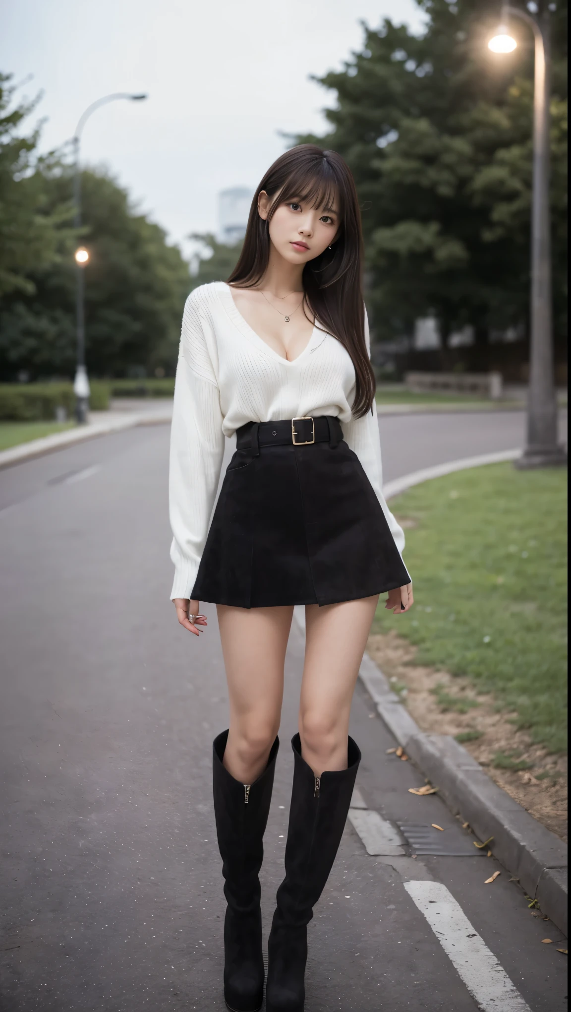 full body shot、Outdoor、masterpiece、 top quality、 high definition 、 realistic 、(In a dark park at night )、(誰も居ない暗い夜の公園で男性から逃げる黒いニーハイブーツと黒いミニスカートと white sweater を着た女性)、(A frightened 18-year-old beautiful girl)、(Beautiful woman with an anxious expression)、Beautiful woman running away from a man approaching a park at night 、 long legs 、 Beautiful Legs 、Platform boots、Tall, thin and slim magazine model、 young and sexy gravure model 、 cleavage、 cleavageからブラジャーが見える、 looking at the camera、Looking up、 long dark hair 、Black hair with a natural perm 、Long hair with bangs、(Black suede long boots up to the knee 、black wool miniskirt 、 white sweater )