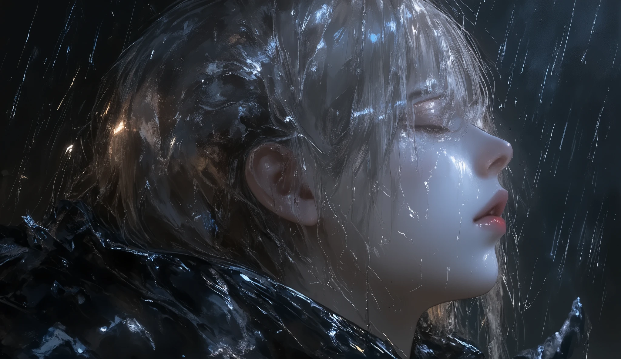 On the other side of the rain, cotoeri, oil painting, a detailed painting, ink artistic conception, real paint texture, hyper-realistic, depth of field, dramatic lighting, Realistic, highly detailed, masterpiece, 8k, Cinematic Composition, dark moody vibe, Dramatic Shadows, Intricate and elaborate pattern, 30 megapixel, chiaroscuro lighting, moody color palette, deep contrast, realistic anime style, A fusion of the styles of Katsuya Terada, Range Murata, Akiman and JUNNY
