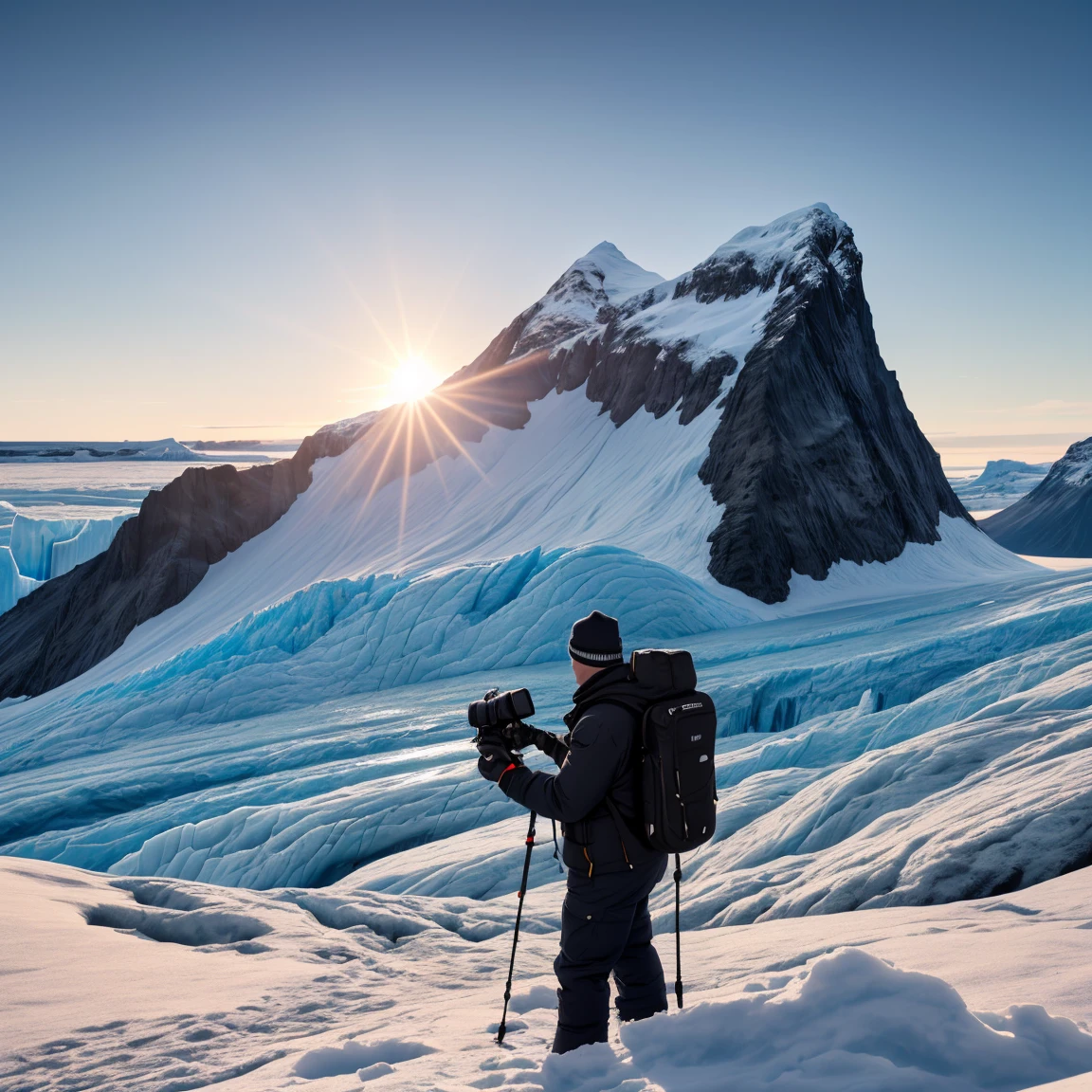 Aa man in snow gear on the edge of a glacier, with a camera, photographs the sea, the sun begins to rise, distant shot, ((ultra quality)), anime enhancement, ((8k resolution, masterpiece, best quality)), ultra detailed, ultra sharp, perfect colors, perfectly shaded, perfect lighting, very detailed face, perfect anatomy,